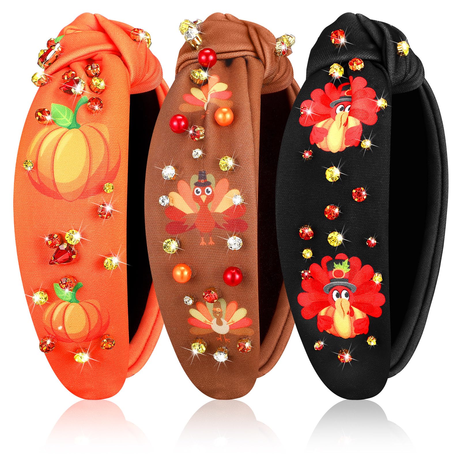 Hoteam 3 Pcs Turkey Rhinestone Knotted Jeweled Headband for Women Crystal Headband Embellished Wide Top Knot for Halloween Hair 