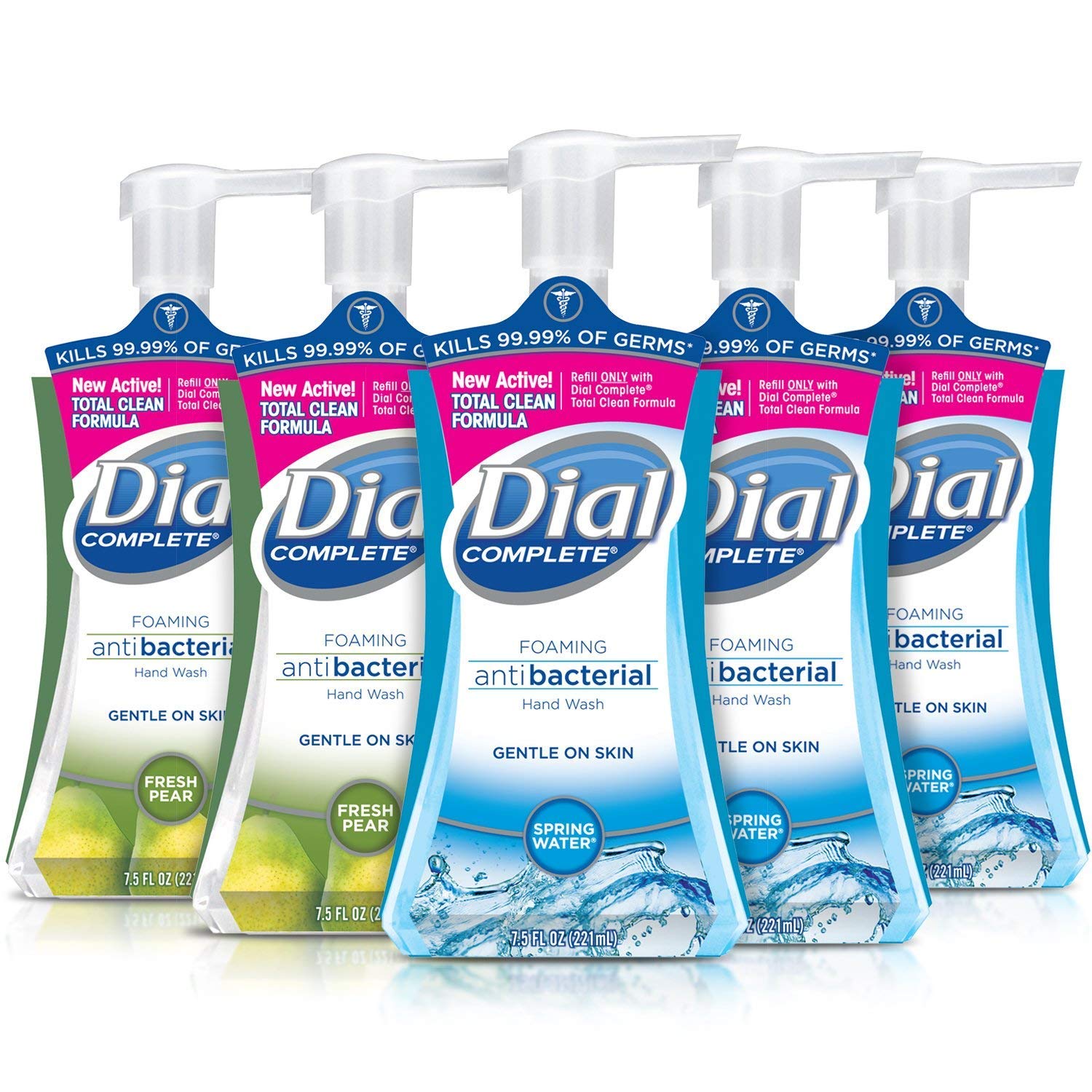 Dial Complete Antibacterial Foaming Hand Soap, 2-Scent Variety Pack, Spring Water/Fresh Pear, 7.5 Fluid Ounces Each , 5 Count (P