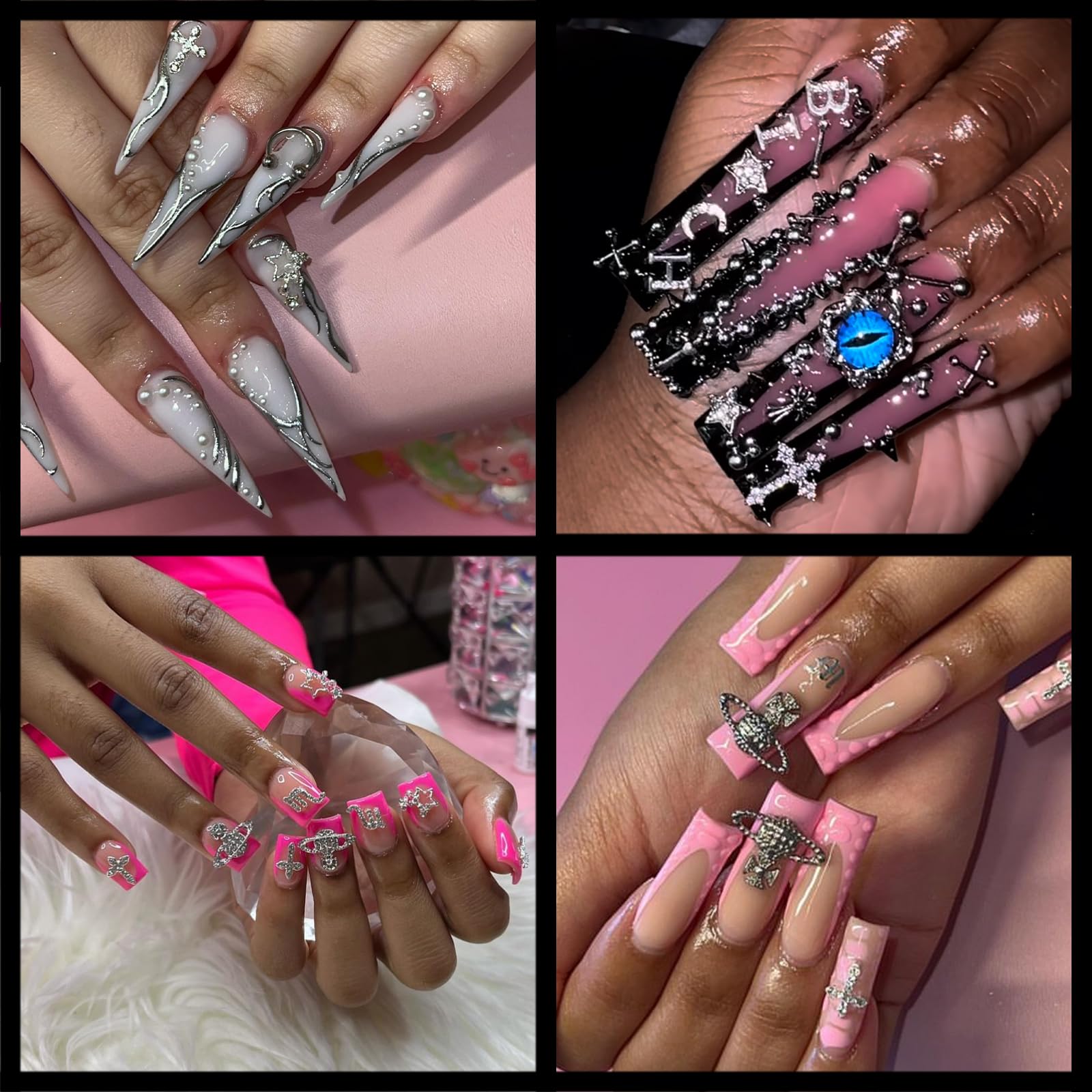 Bbatt-Happy 134Pcs Nail Charms,Silver Star Planet Cross Nail Jewels Punk Pink Handcuffs Billiards Nail Art Accessories For Acryl