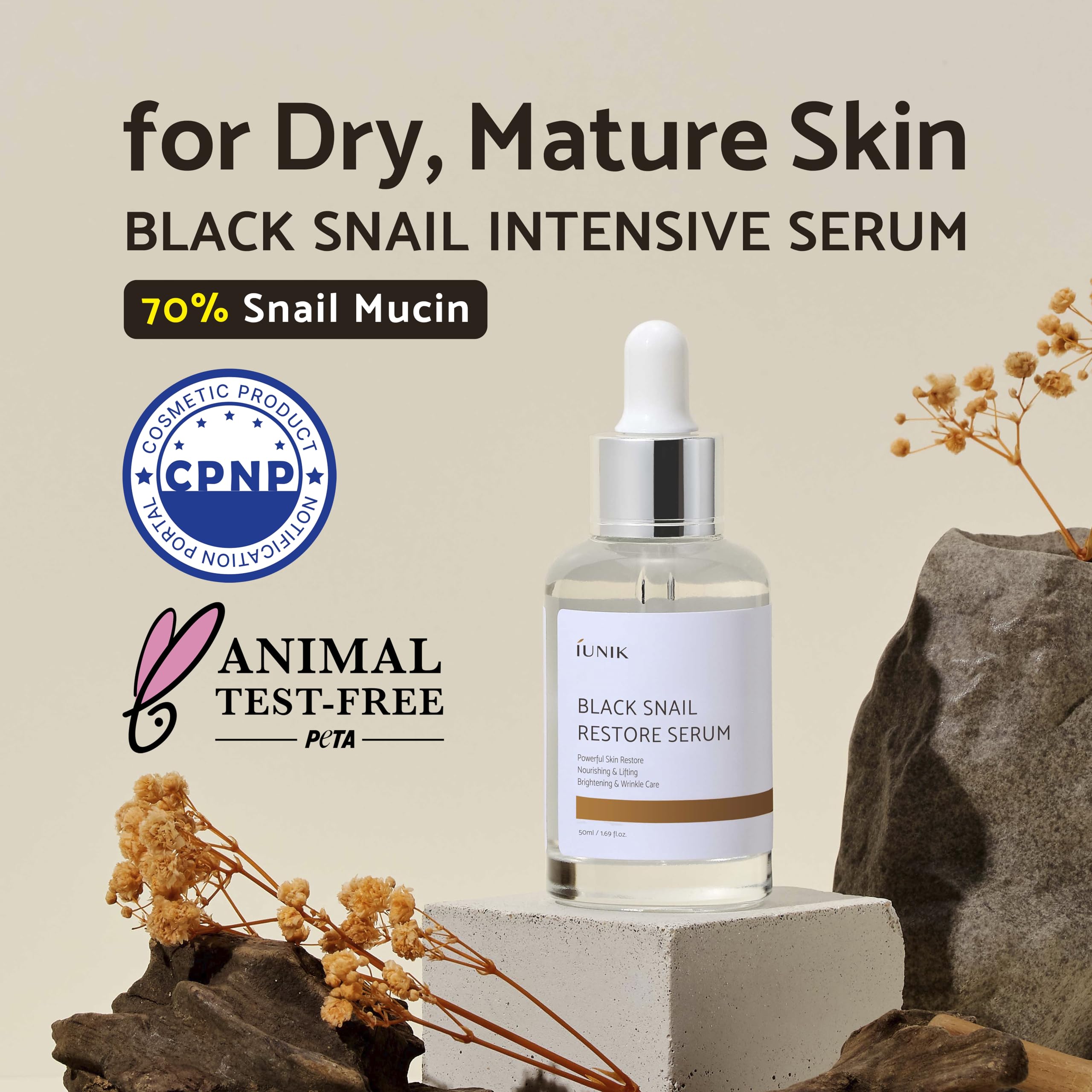 Iunik Black Snail Serum 70% W/Centella Asiatica Essence | Hydration Dark Spots Fine Lines | Oily Sensitive Acne-Prone Skin Korea