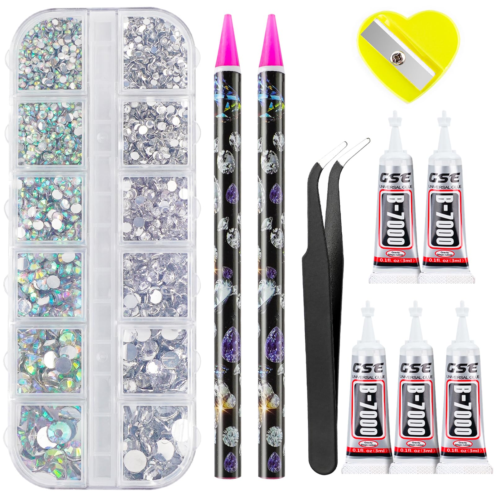 Canvalite Rhinestones 2784PCS in 6 Sizes Flat Back Gems, Crystal AB Art Gems with 5Pcs B7000 Glue, Pick Up Tweezers and Picker D