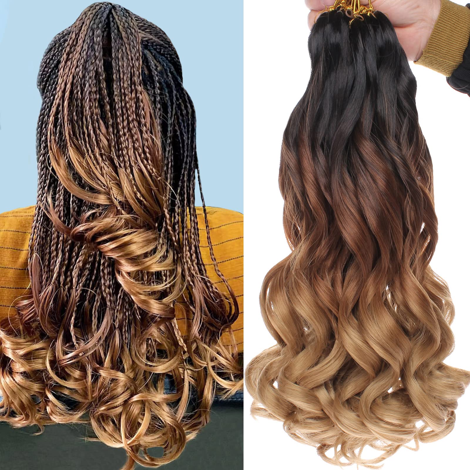 COOKOO 9 Pack Pre Stretched French Curls Braiding Hair 10 Inch Ombre Brown to Blonde Goddess Box Braids with Curly Ends Loose Wa