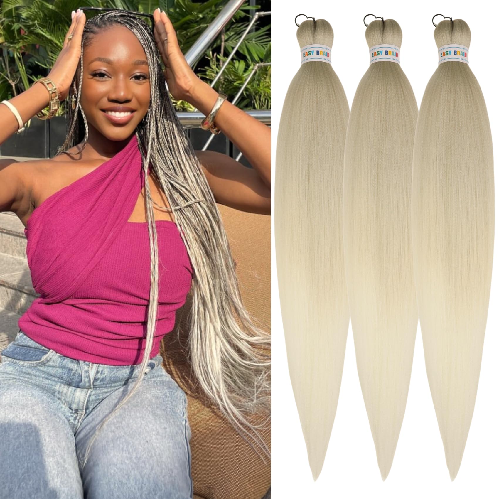 Ash Honey Blonde Pre-stretched Braiding Hair Hypoallergenic ez Braid Pre stretched Braiding Hair Extensions for Knotless Box Bra