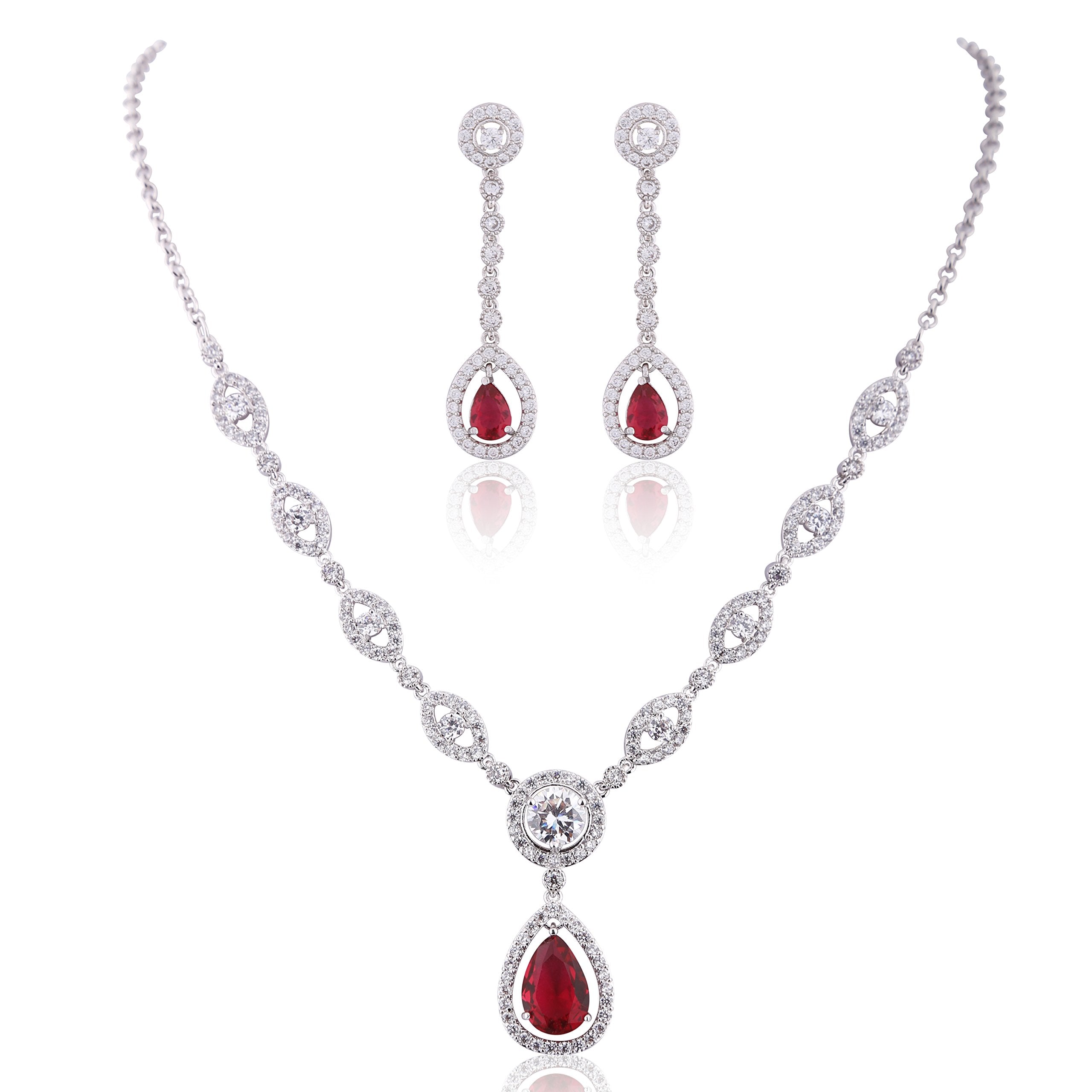 GULICX Silver Tone Ruby Color Red Jewelry Set Necklace Earrings Wedding Party Jewelry Silver Tone