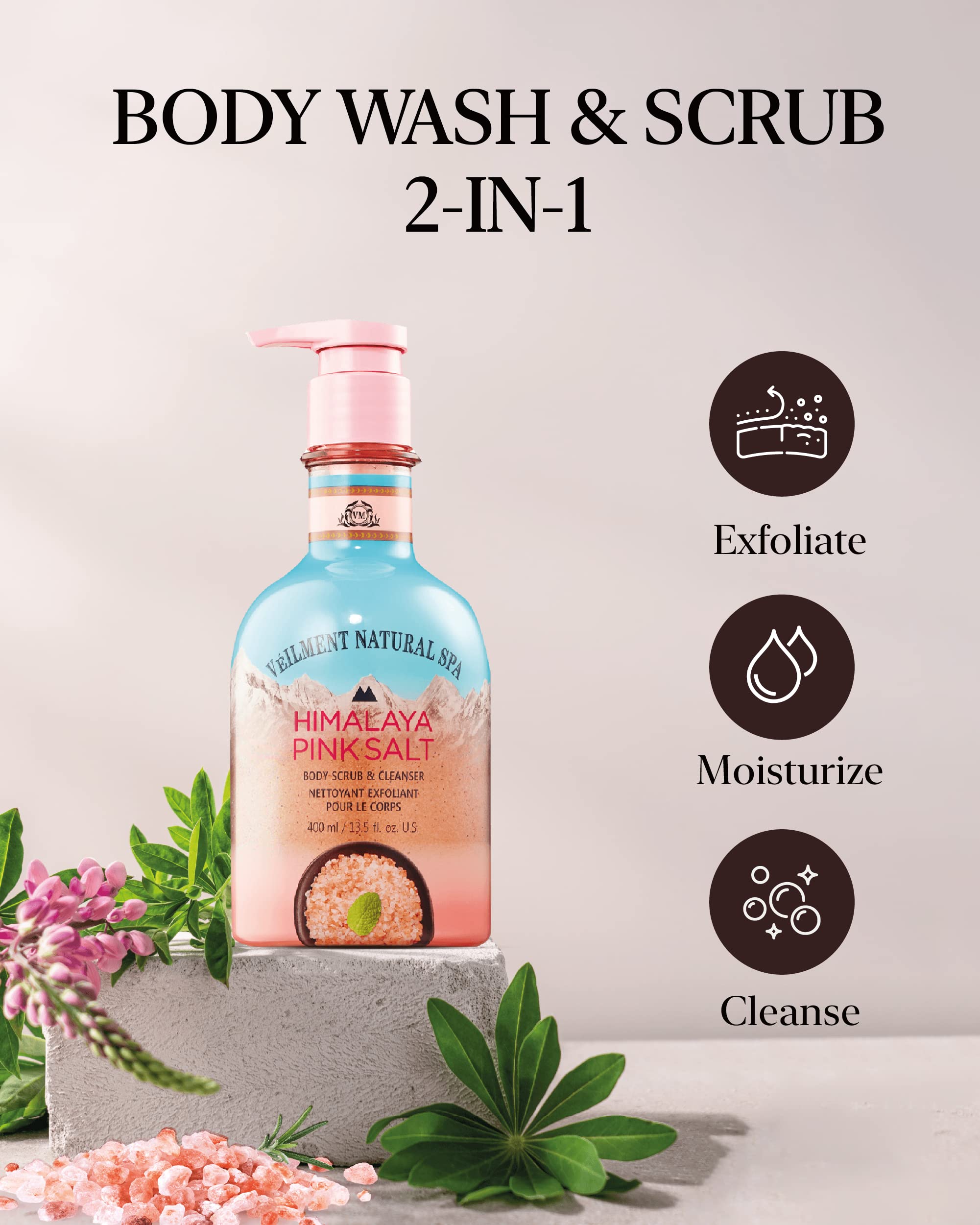 Veilment Natural Himalaya Pink Salt Spa 2-In1 Body Wash & Body Scrub(13.53Fl.Oz) - Natural Exfoliating Salt Scrub For Deep Clean