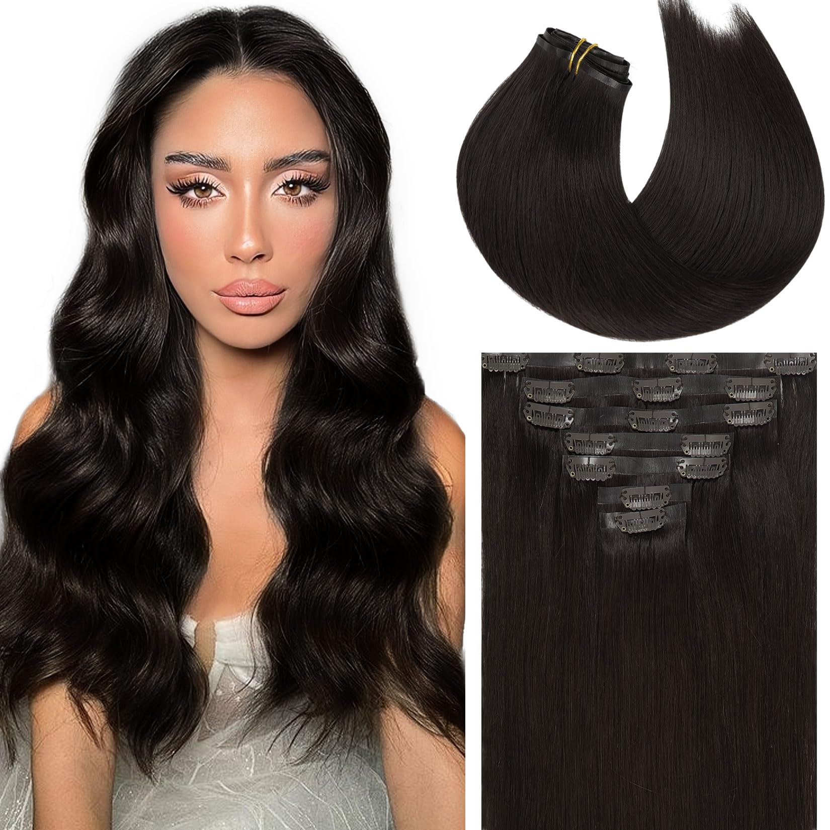 Caliee Human Hair Clip in Extensions 7Pcs Invisible PU Weft Natural Hair Dark Brown Hair Extensions 110G Seamless Clip in Hair E