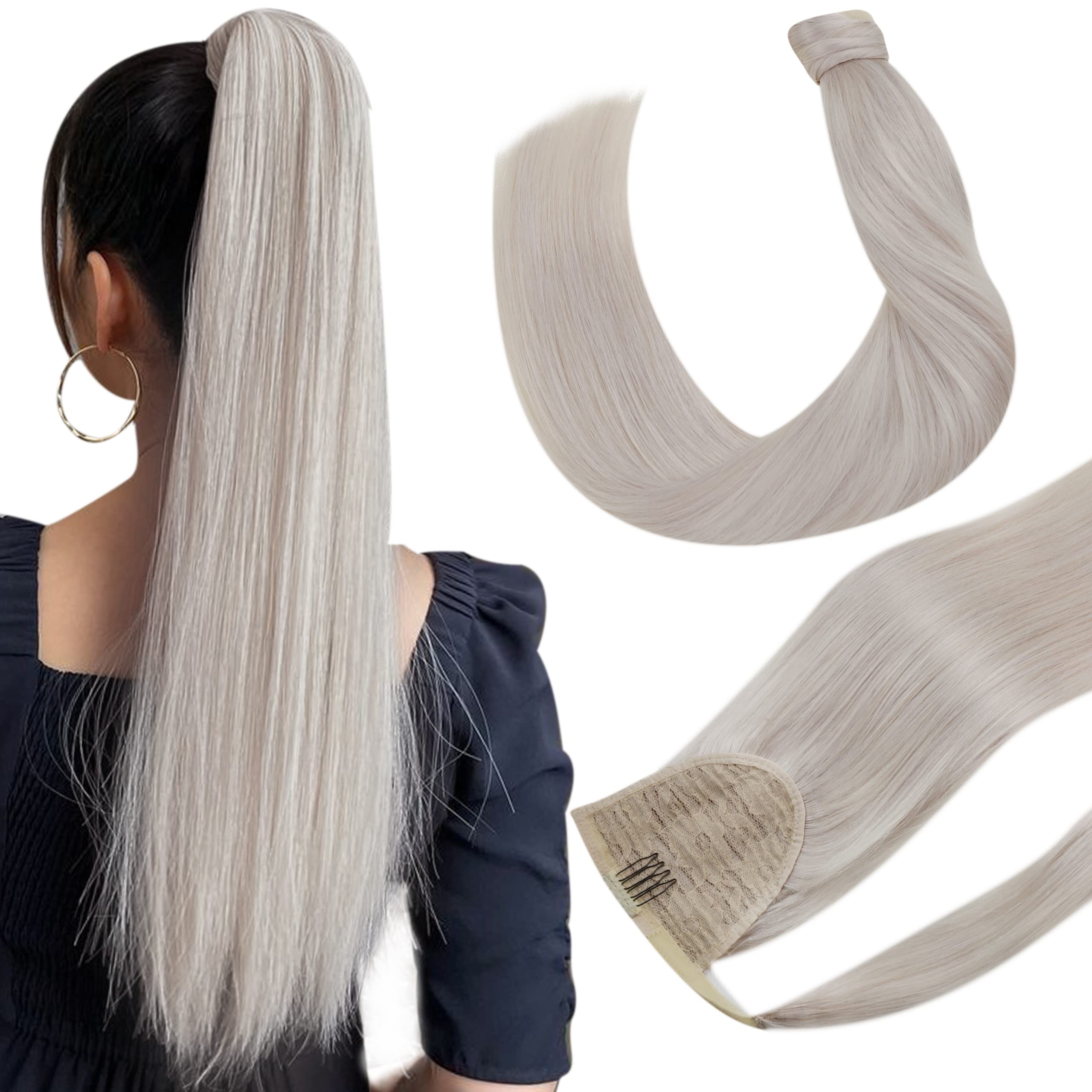 Hetto 20 Inch Ponytail Hair Extension Human Hair Blonde Clip in Ponytail Human Hair Extensions #60 Platinum Blonde Pony Tails Ha