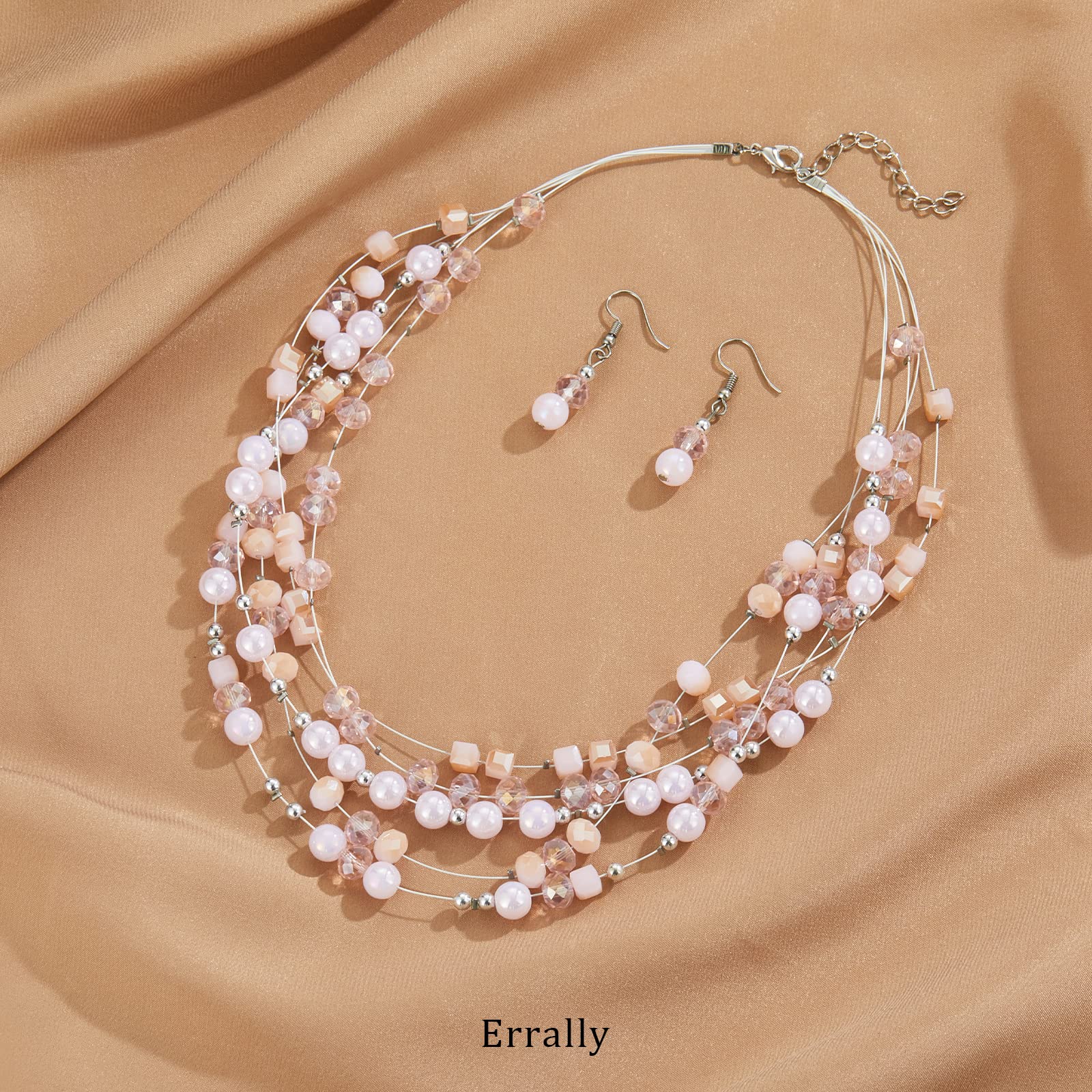 Layered Chunky Statement Necklace for Women Colorful Boho Beaded Necklaces and Earring Set Fashion Costume Jewelry for Women(Pin