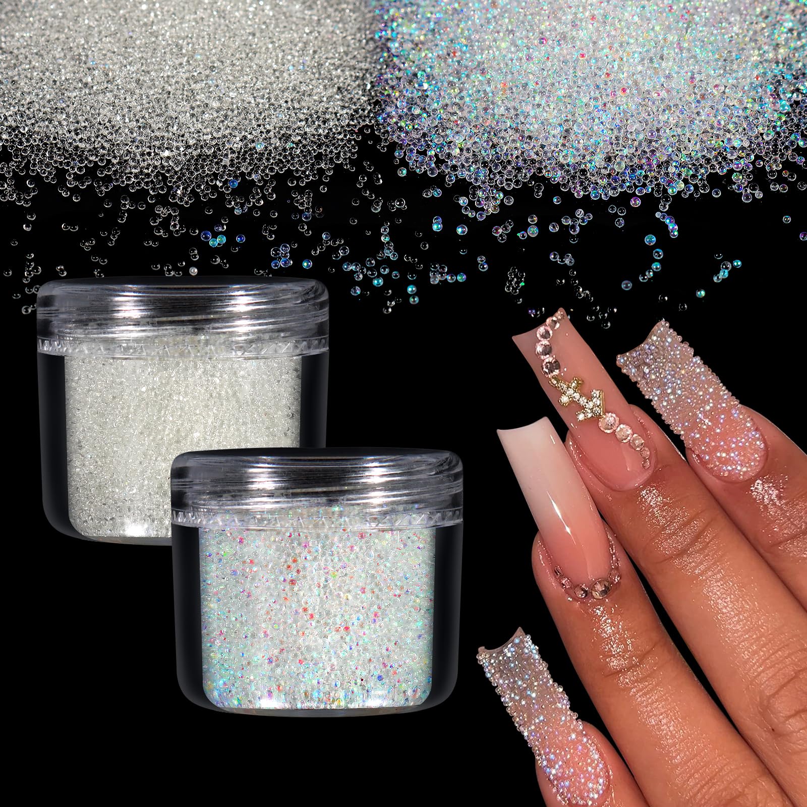 Laza 2 Colors Caviar Beads Nails Micro Pixie Beads 0.6-0.8Mm Glass Bubble Beads Iridescent Water Droplets Bubble Beads Crystals
