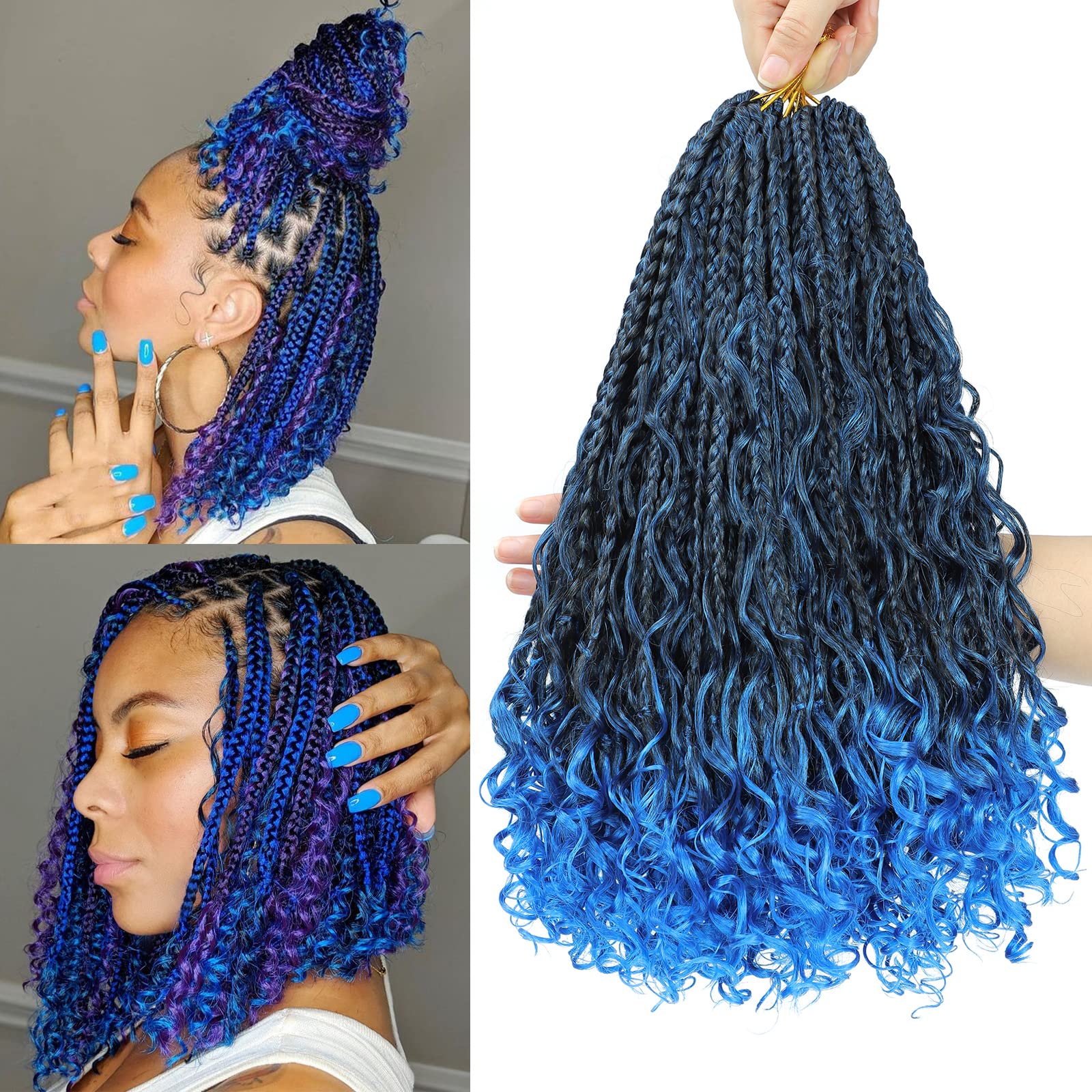 Boho Box Braids Crochet Hair 14 inch 8 Packs Blue Box Braid Crochet Hair with Curly Ends Goddess Box Braids Crochet Hair Extensi