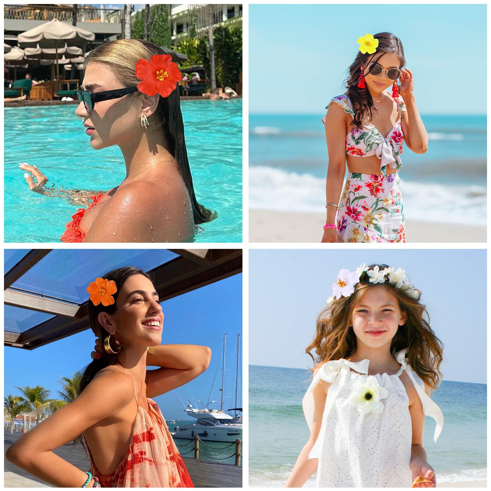 Vodolo Hawaiian Flower Hair Clips For Women,4Pcs 3.5 Inch Artificial Flower Clips,Plumeria Hibiscus Hairclip For Beach Party,Cut