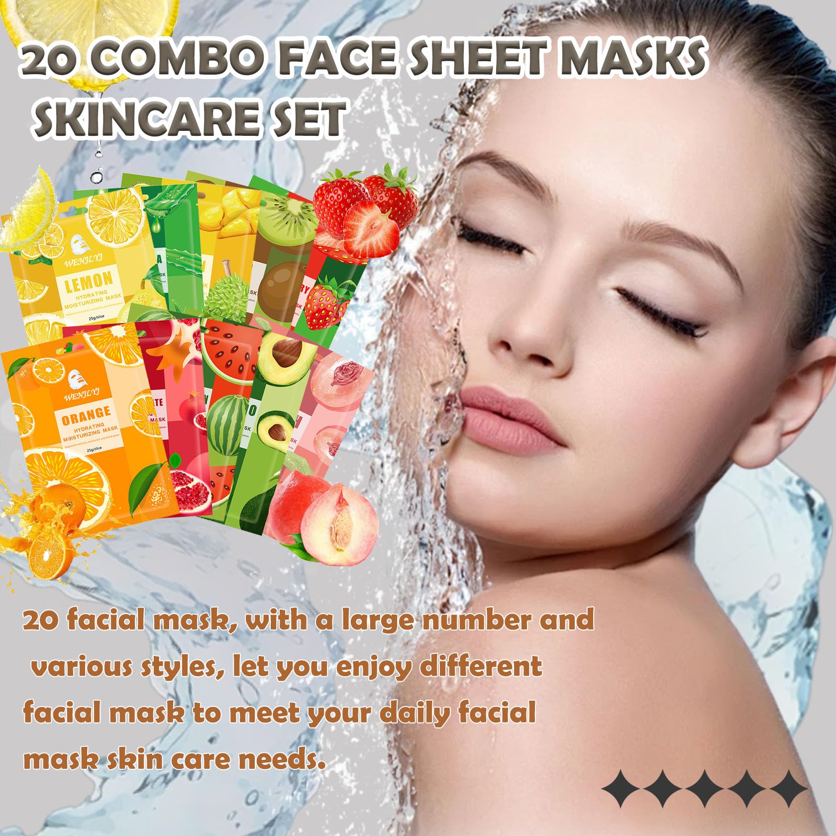 Wenjlyj 20 Combo Face Sheet Masks Skincare Set,Moisturizing Face Mask Skin Care Kit,Hydrating Facial Mask Gift Set For Women,Mom