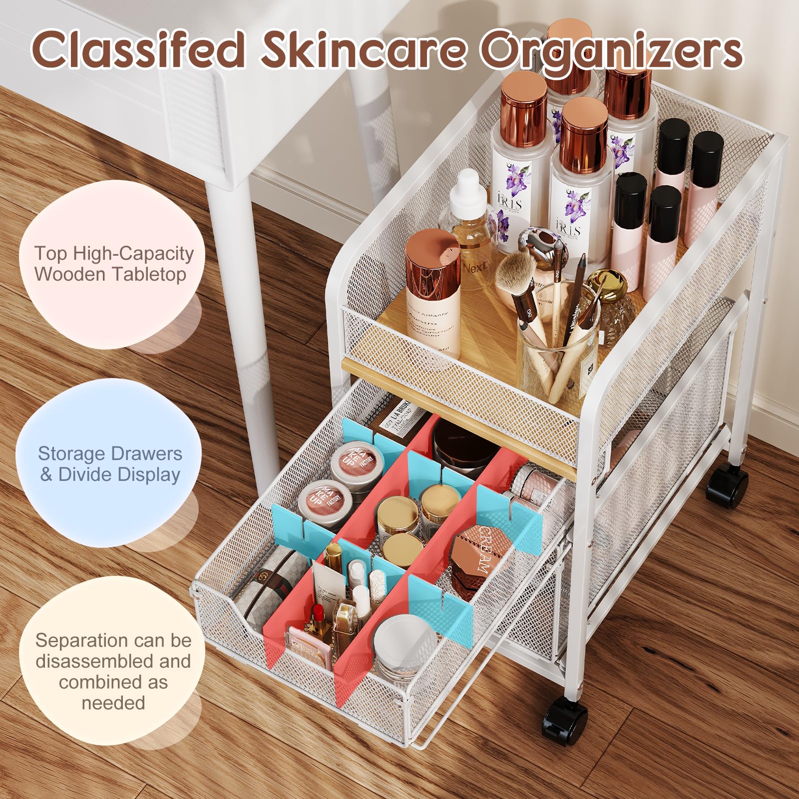 Hongtamoya Rolling Makeup Cart Organizer with 2 Drawers, Narrow Floor Skincare Organizers, Vanity Organizer Cosmetics Display Ca