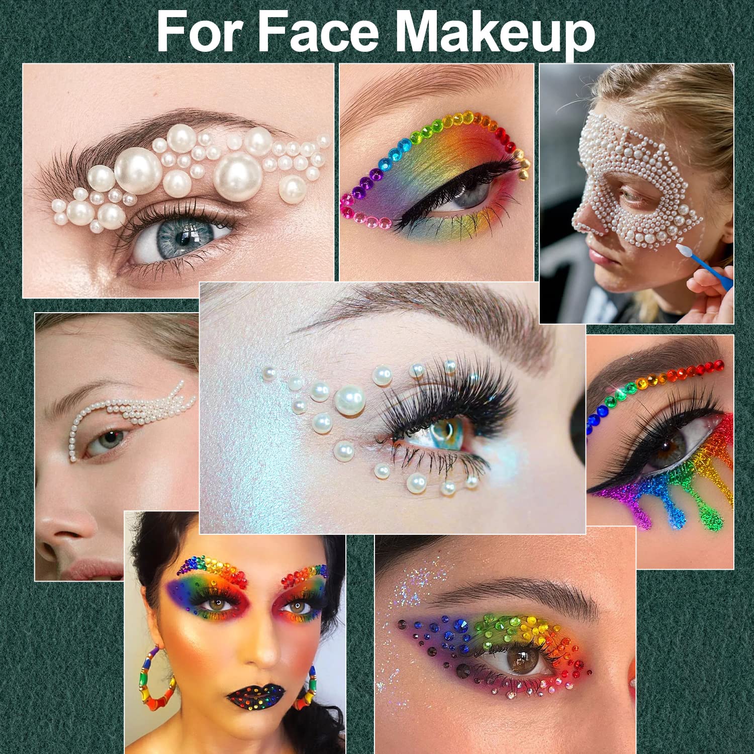Flat Back Rhinestones&Pearls Kits Round Colorful Gems+Beige Pearls with Quick Dry Makeup Glue+Picker Pencil+Tweezer for Nail Art