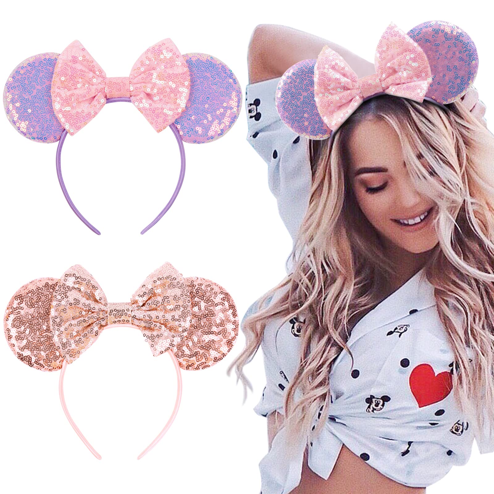 WOVOWOVO Mouse Ear Bow Headbands, Glitter Halloween Hairbands for Women Girls Princess Decoration Christmas Party Cosplay Costum