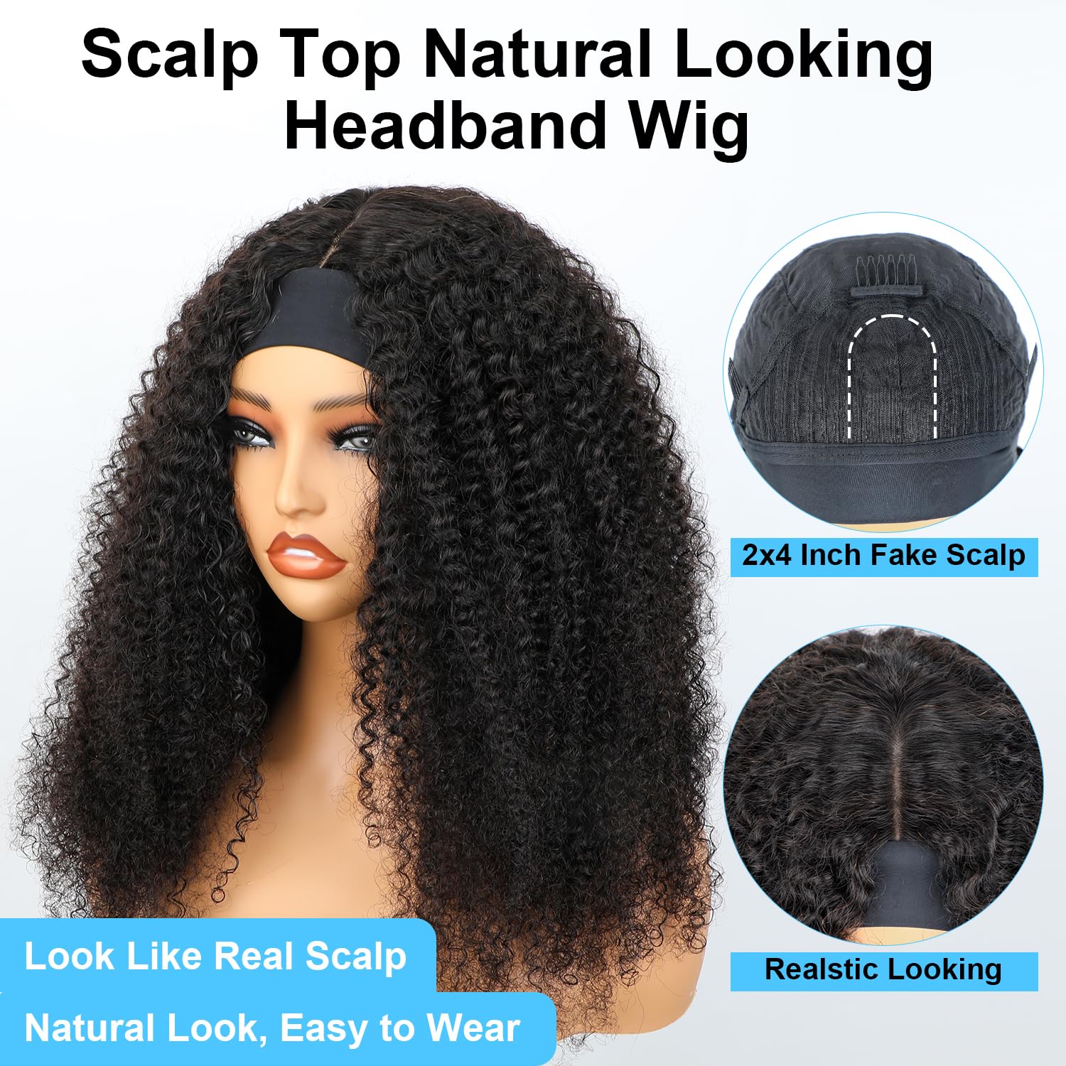 Bly Afro Curly Headband Wig Human Hair With Natural Scalp Top Middle Part Headband Wig For Women 180% Density 10A Grade Mongolia