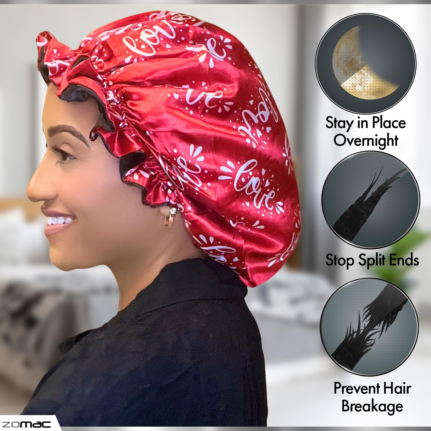 Zomac Satin Bonnet For Sleeping, Bonnet For Curly Hair, Sleeping Bonnets For Women (Red Love) (Love) (Love)