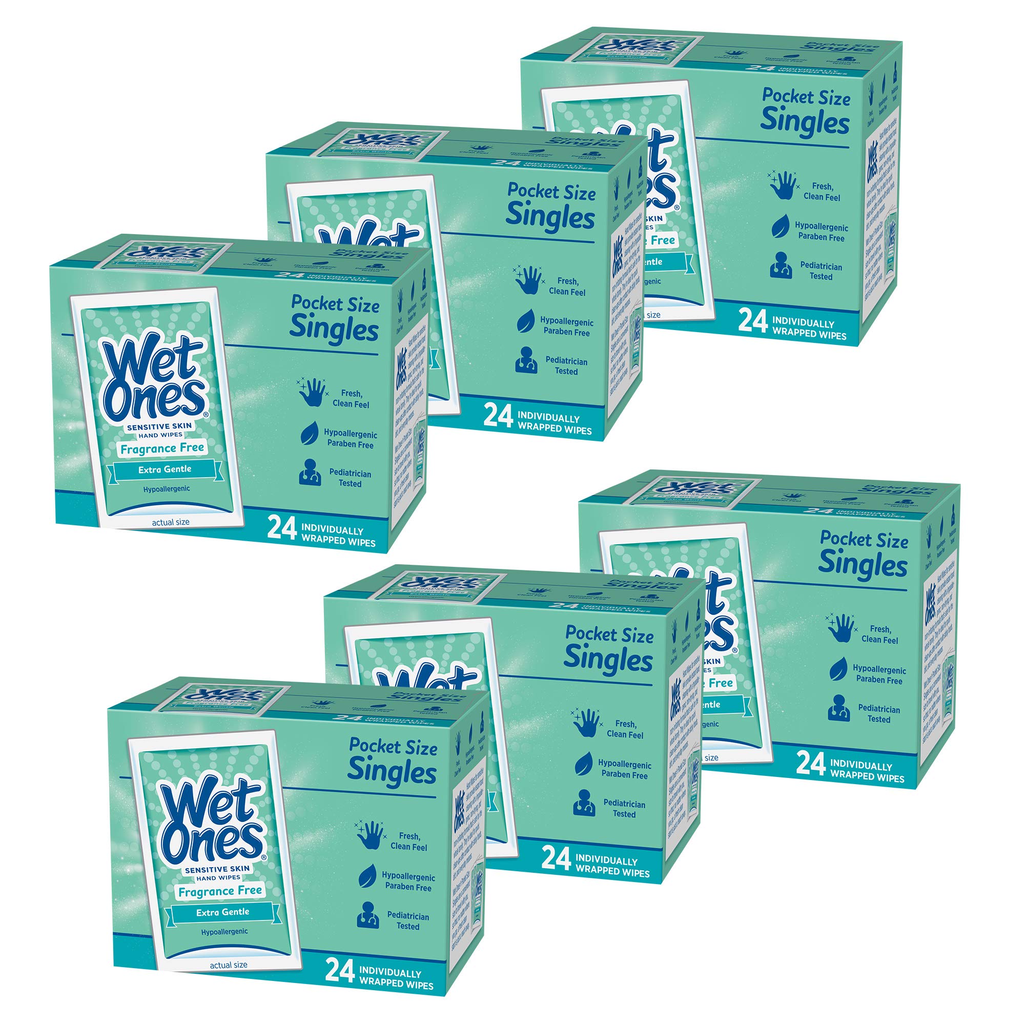 Wet Ones Sensitive Skin Hand And Face Wipes, Singles, 24 Count (Pack Of 6)