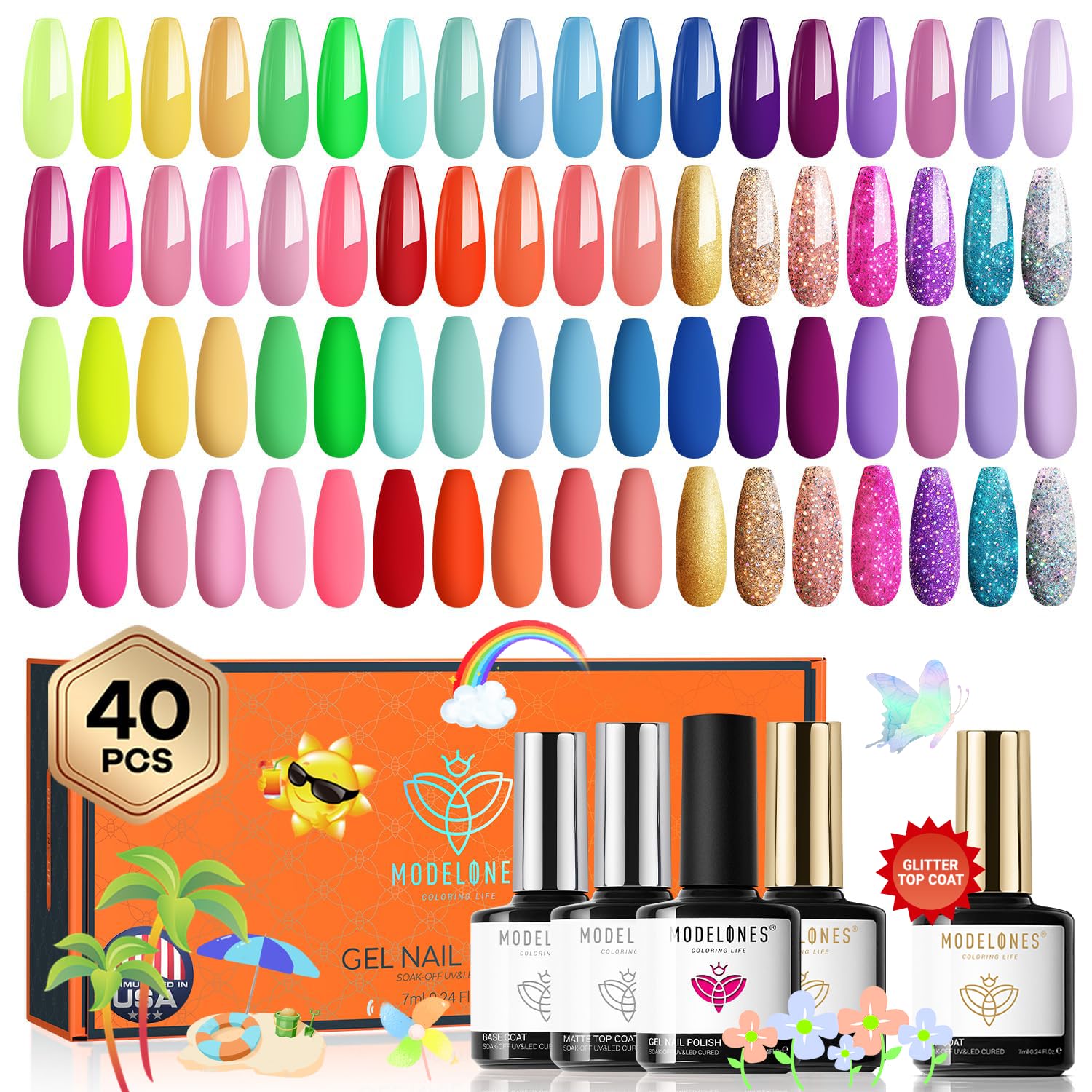 modelones 40 Pcs Gel Nail Polish Set, Summer Rainbow Neon Gel Polish Bright Hot Pink Green Yellow Purple Blue Glitter Nail Gel P