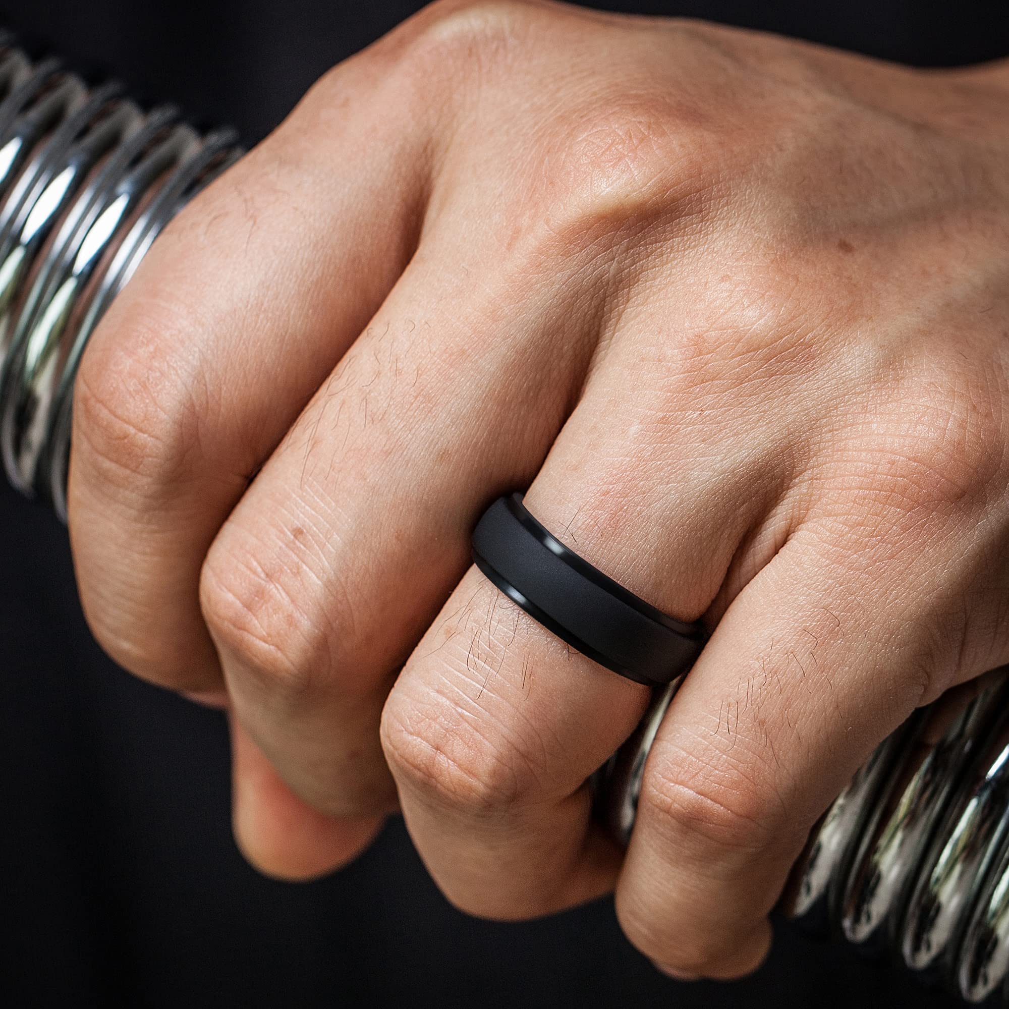 ThunderFit Silicone Rings for Men, Stepped Edge Rubber Wedding Bands - 1/4 Variety Multipack