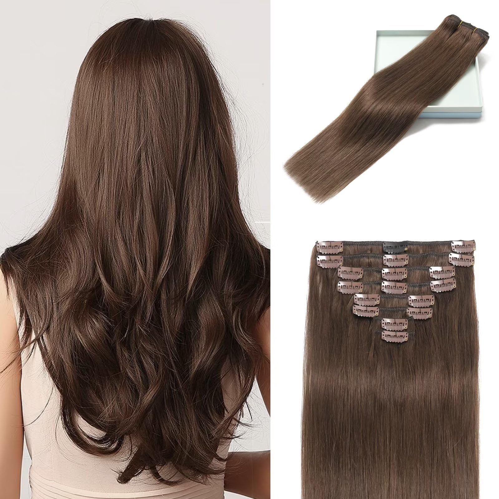 LORIEN Clip in Hair Extensions Real Human Hair, 20 Inch 105g, 4 Dark Brown, Clip in 100% Brazilian Remy Human Hair Extensions 8p