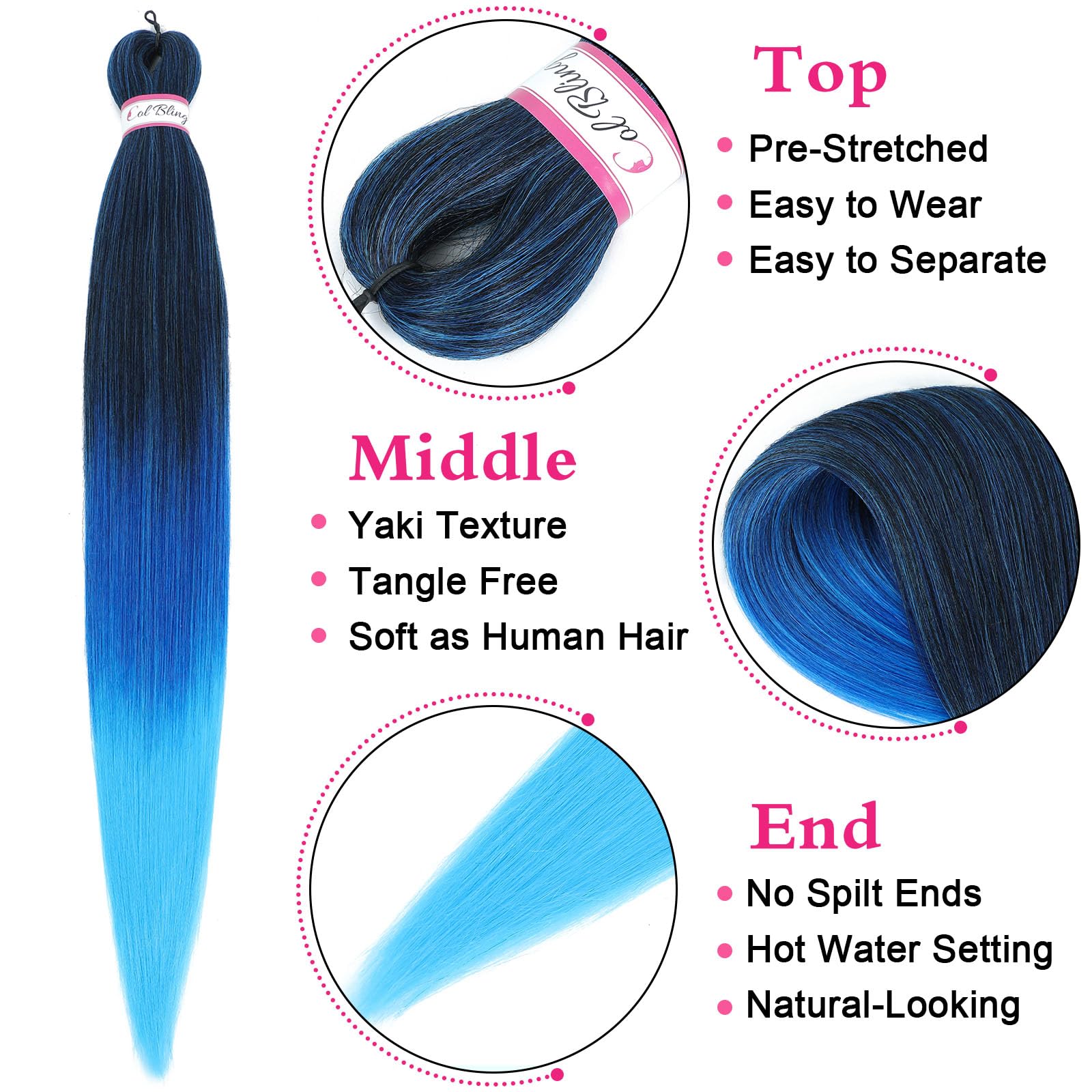 Col Bling Braiding Hair Pre Stretched 28 Inch 3 Packs Ombre Blue Long Braid Hair Extensions For Women Box Braids Hair Pre-Stretc