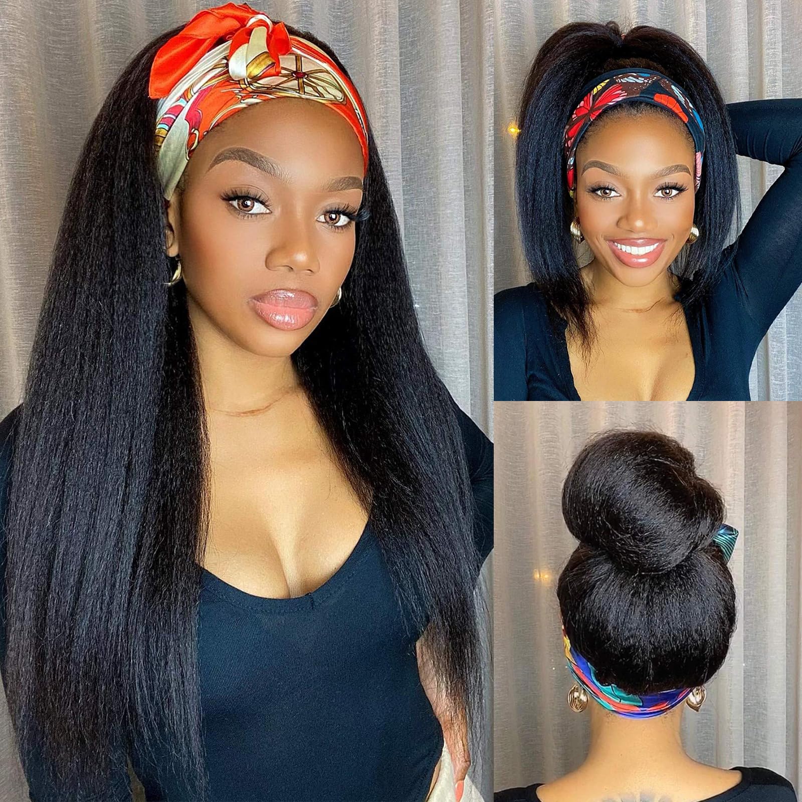 WIGNEE Kinky Straight Headband Wig for Women, 22 Inches, Yaki Straight Wigs with Black Headband, Synthetic Hair, Easy to Style, 