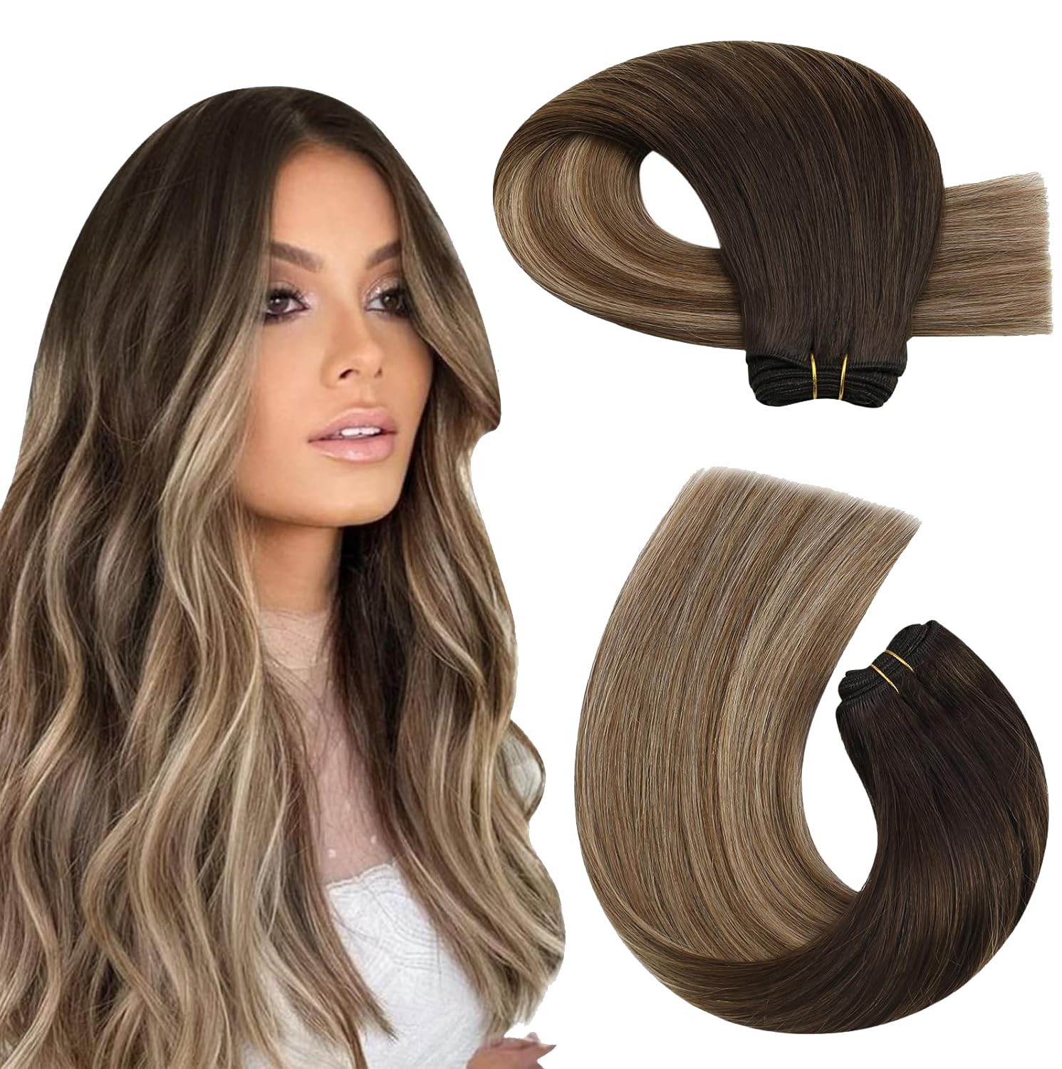 Moresoo Balayage Weft Hair Extensions Brown Human Hair Sew In Extensions Dark Brown To Light Brown Mixed With Golden Blonde Huma