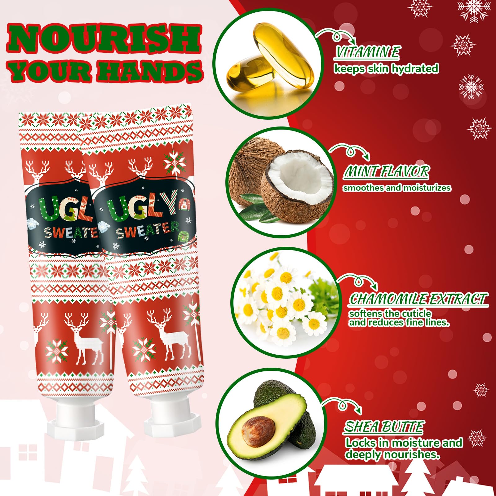 Dansib 24 Sets Christmas Ugly Sweater Baby Shower Hand Cream and Lip Balm Gift Christmas Party Favors Travel Size Hand Lotion an