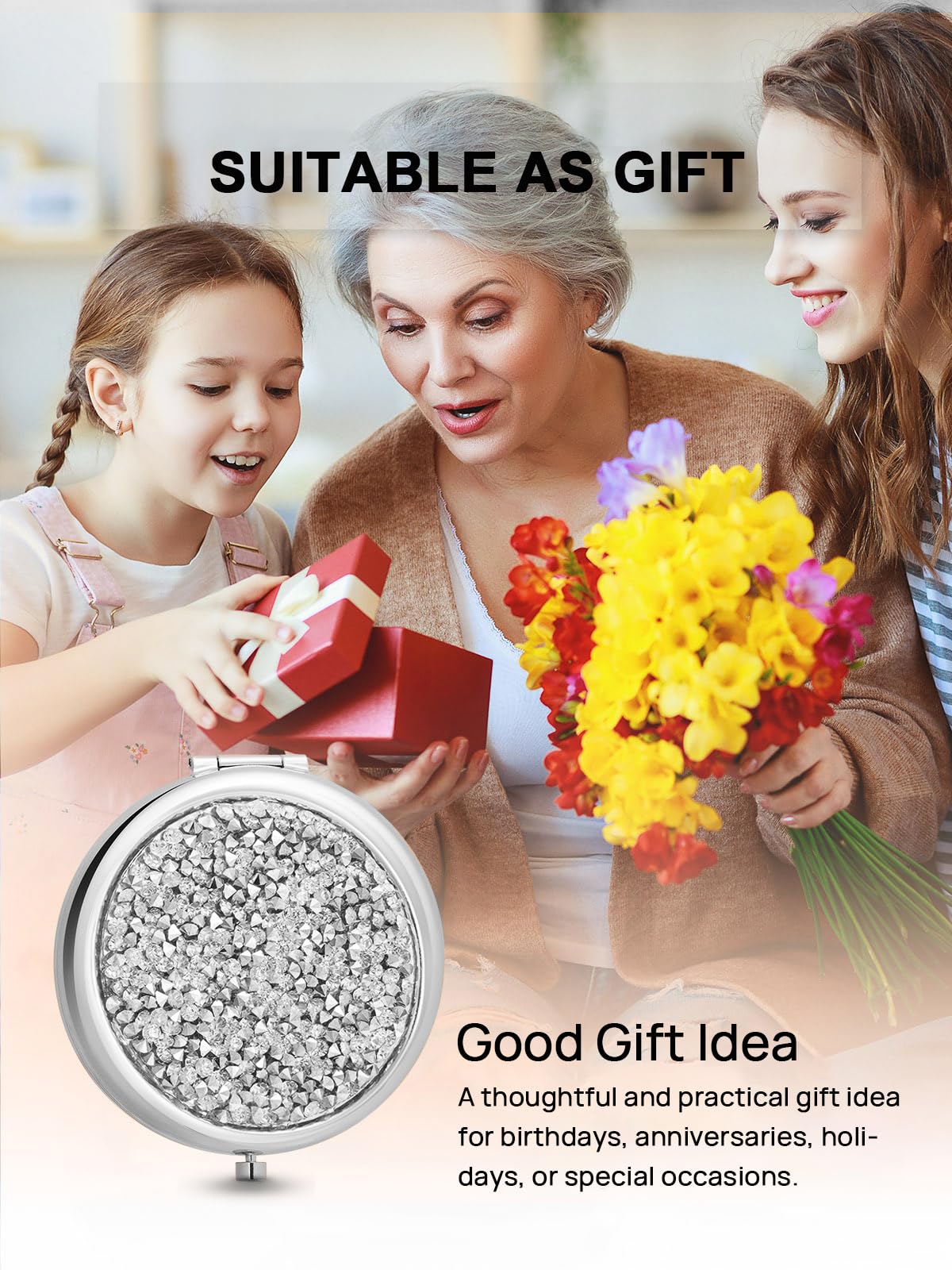 Getinbulk Compact Mirror For Purse, Double-Sided 1X/2X Magnifying Round Metal Pocket Makeup Mirrors(Silver, Mix Diamond)