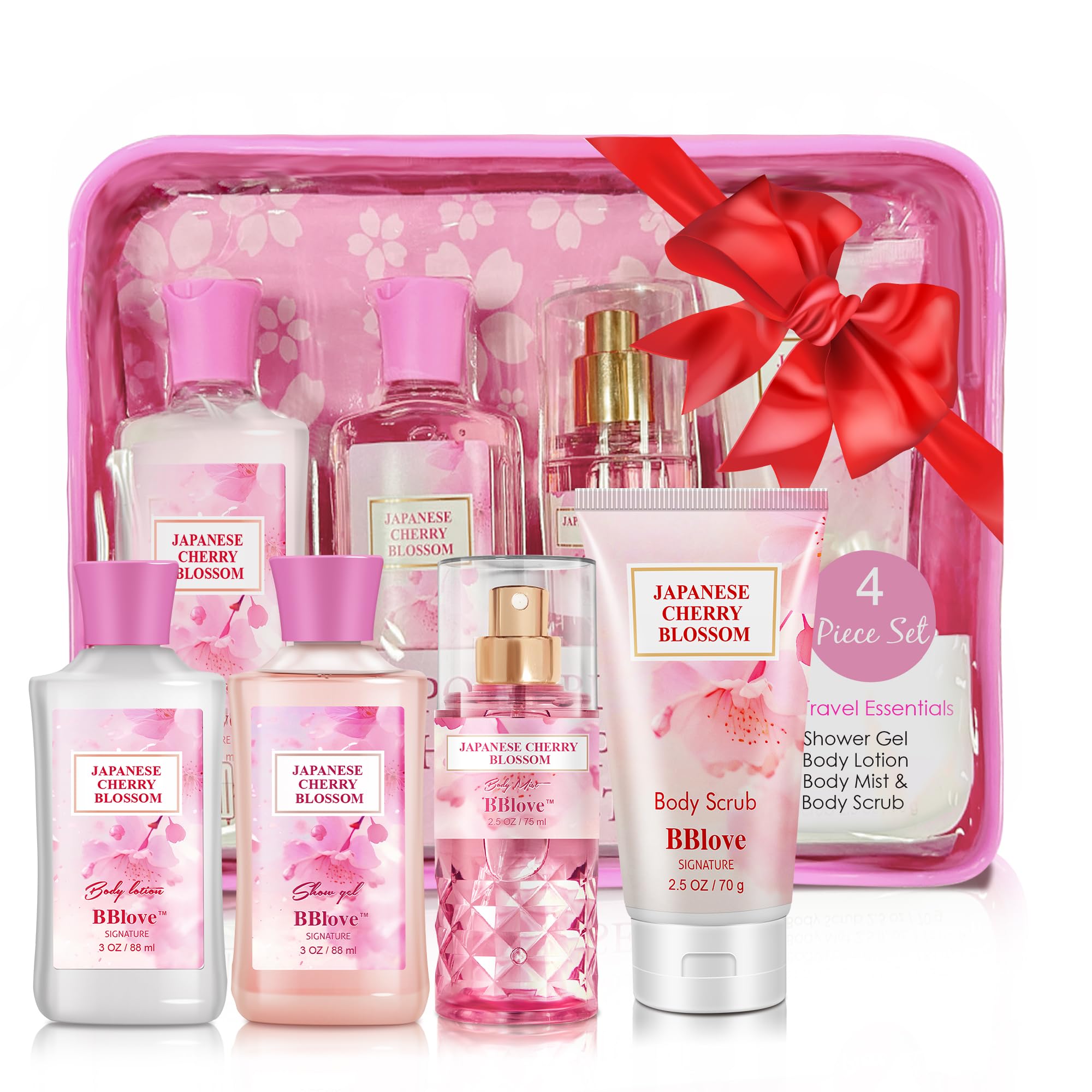 Bath And Body Gift Set For Women & Girls, Japanese Cherry Blossom, 4Pcs Set For-Shower Gel, Body Lotion, Body Mist, Exfoliating