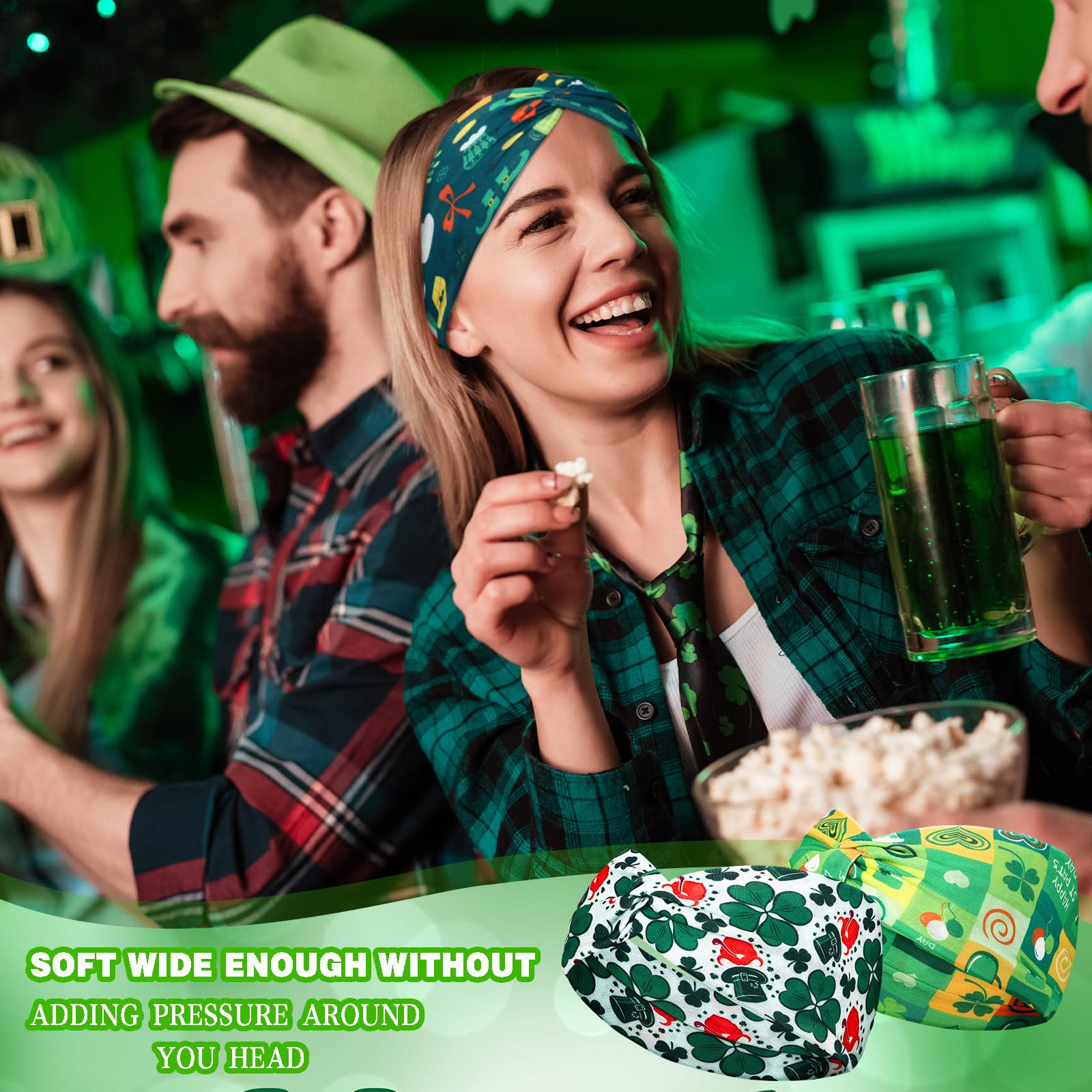 Giegxin 10 Pcs St.patrick's Day Headbands for Women Irish Green Shamrock Hair Band Wide Knotted Elastic Hair Accessories for Hol