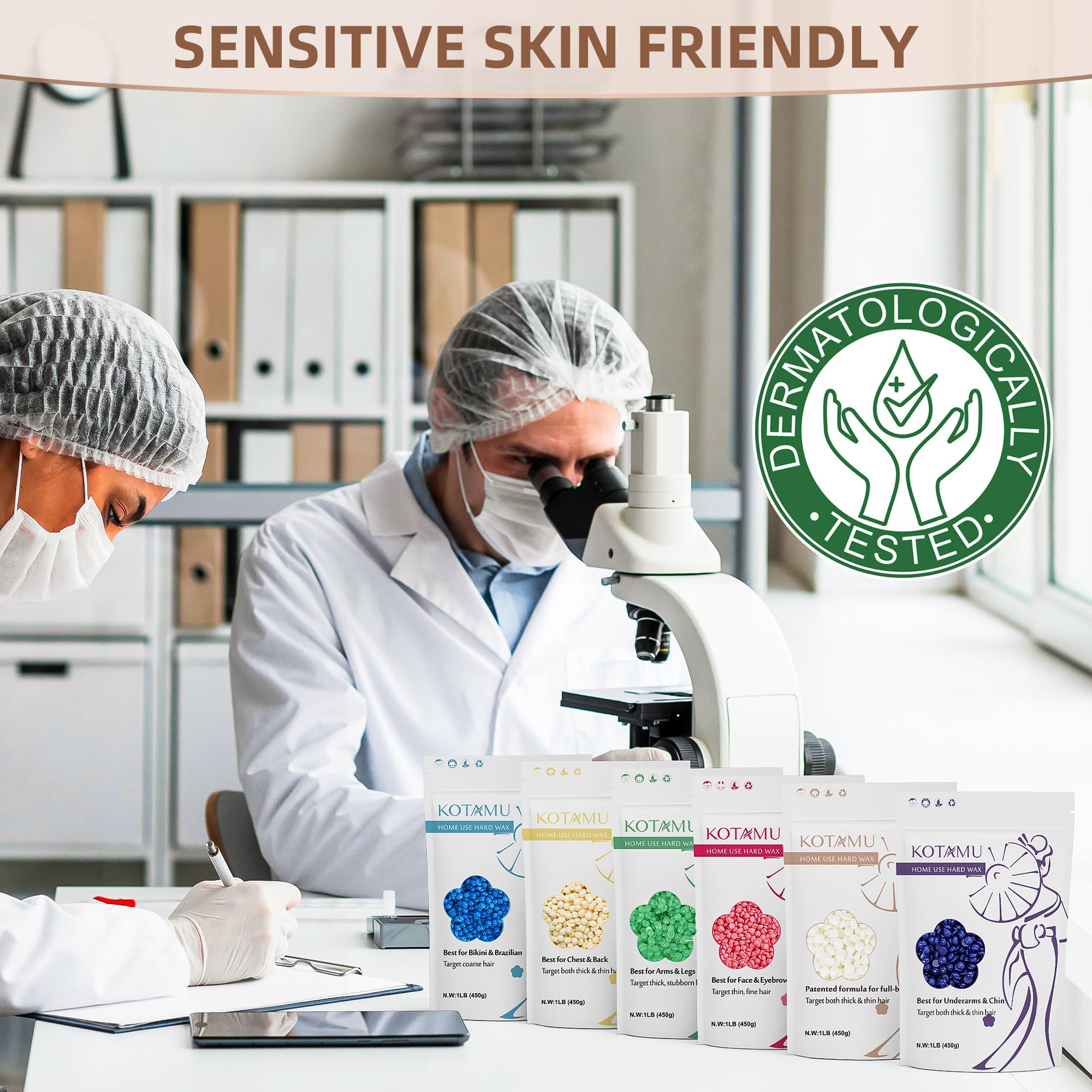 Kotamu Wax Beads For Hair Removal, 1Lb Lavender Hard Wax Beans For Sensitive Skin, Facial, Chin, Underarms, Brazilian Bikini Fac