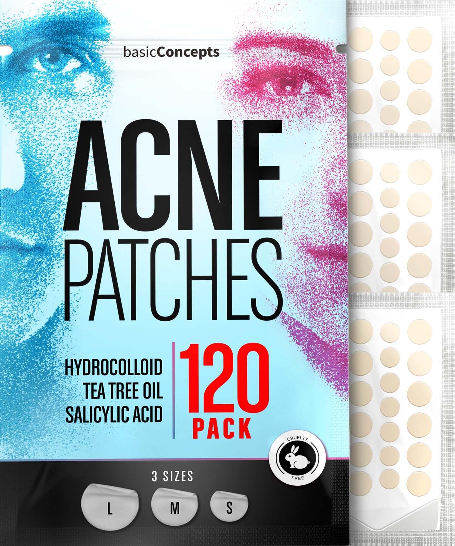 BASIC CONCEPTS Acne Patches (120 Pack), Salicylic Acid, Tea Tree Oil and Hydrocolloid Pimple Patches for Face, Zit Patch (3 Size