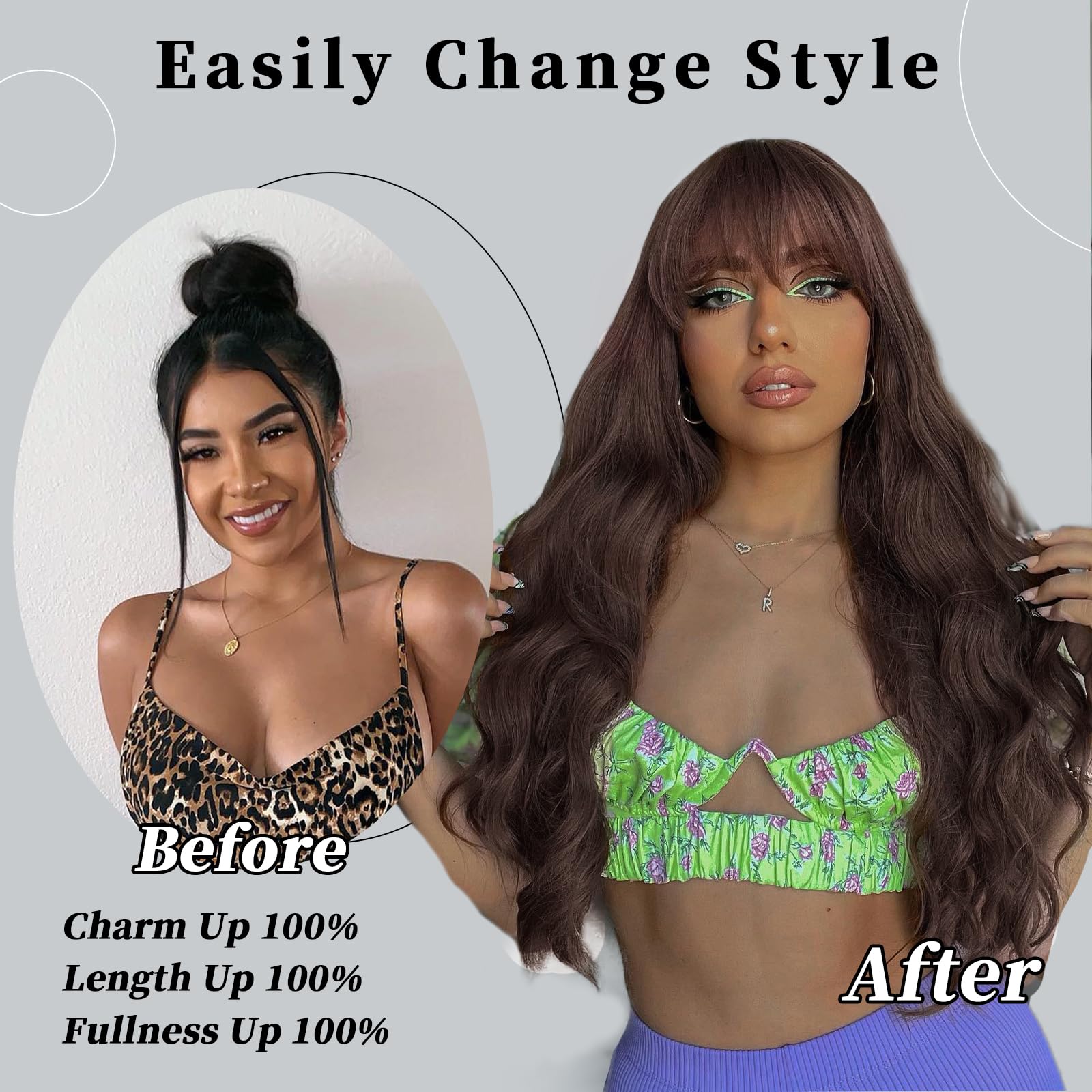 Lativ Long Wavy Reddish Brown Wig with Bangs, 26 Inch Synthetic Heat Resistant Fiber for Daily Party Use