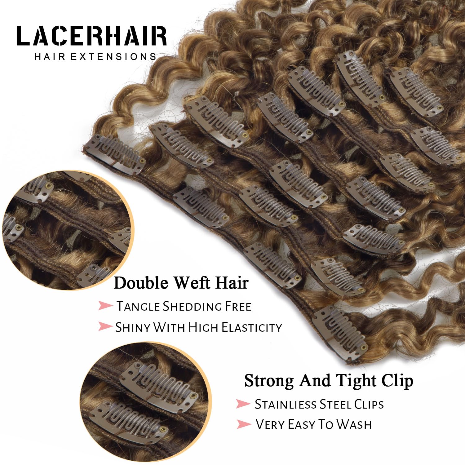 Lacer Clip In Human Hair Extensions Jerry Curly 3B 3C Curly Real Remy Human Hair Extensions For Black Women Highlighted Piano Ch