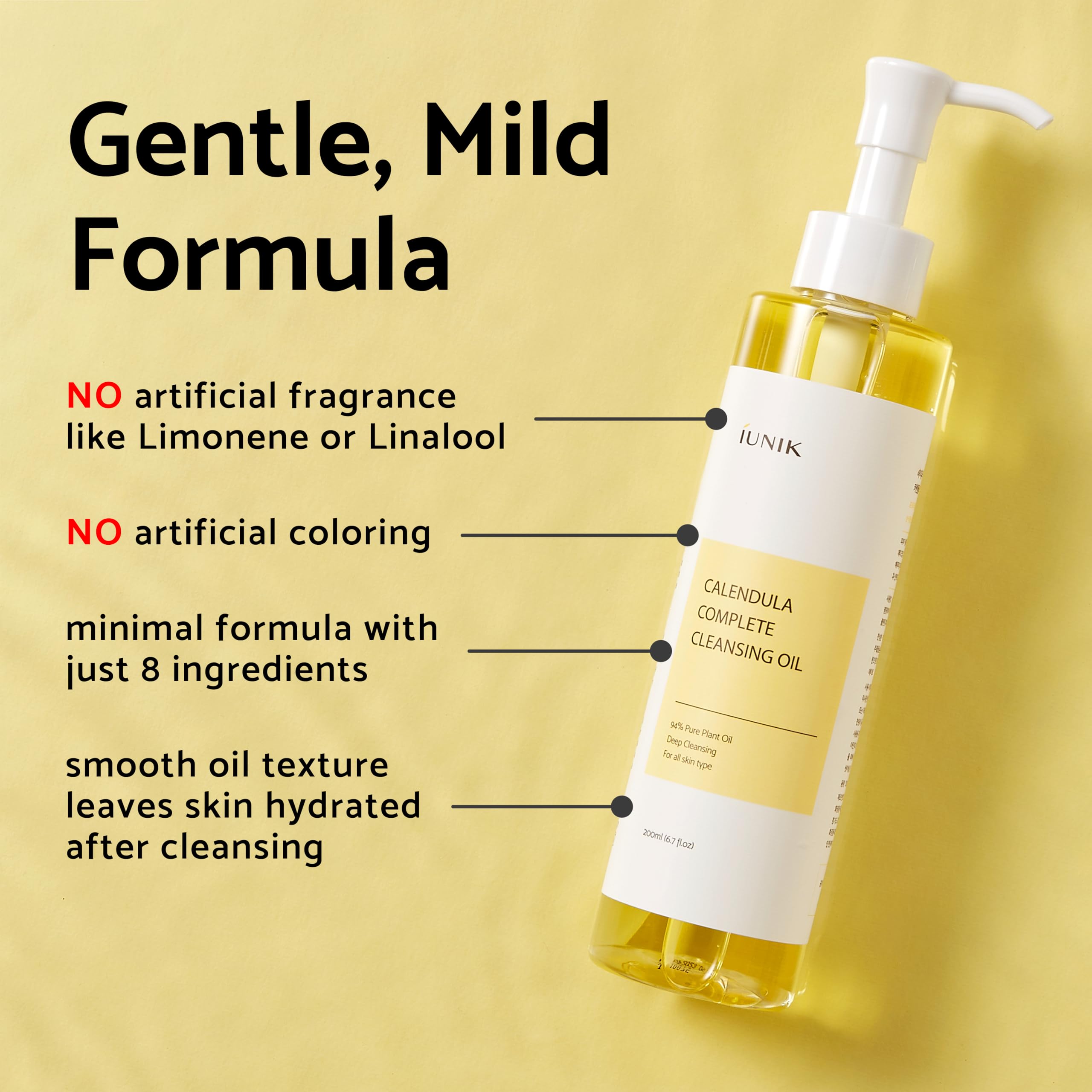 Iunik Calendula & Jojoba Oil-Infused Vegan Cleansing Oil - Gentle Blackhead Melting & Makeup Remover Facial Cleanser W/ 94% Plan