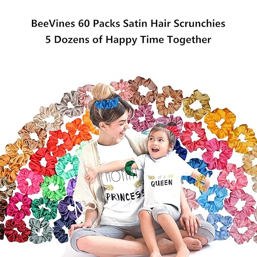 Hair Scrunchies Satin Scrunchies Silky Hair Accessories, Ponytail Makers for Braids, 60 Pack Headbands BeeVines Elastics Bobbles