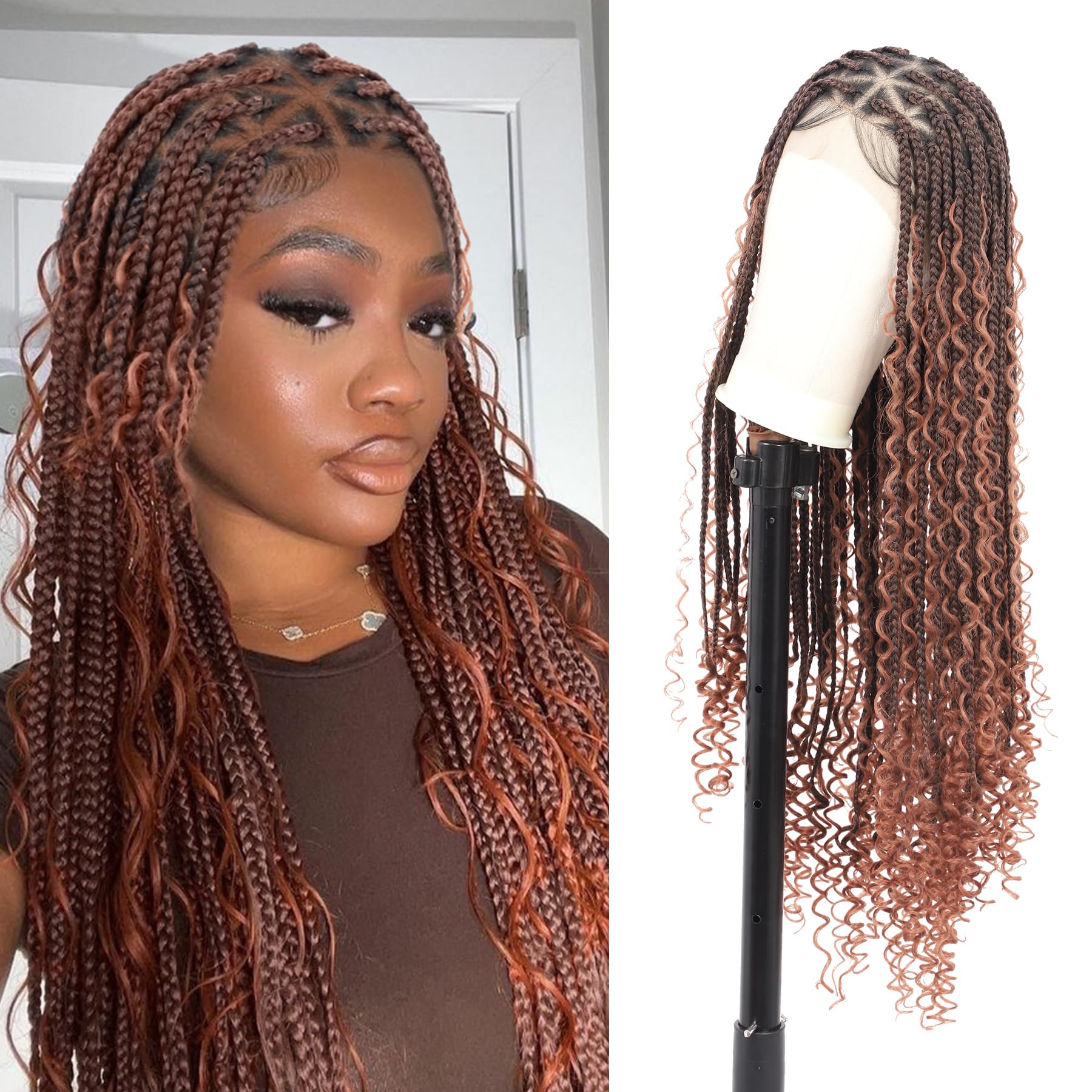 Olymei Boho Braided Wig Box Braid Wig for Women Triangle Knotless Braided Wig with Curly Hair Braided Lace Wigs Human Hair Blend