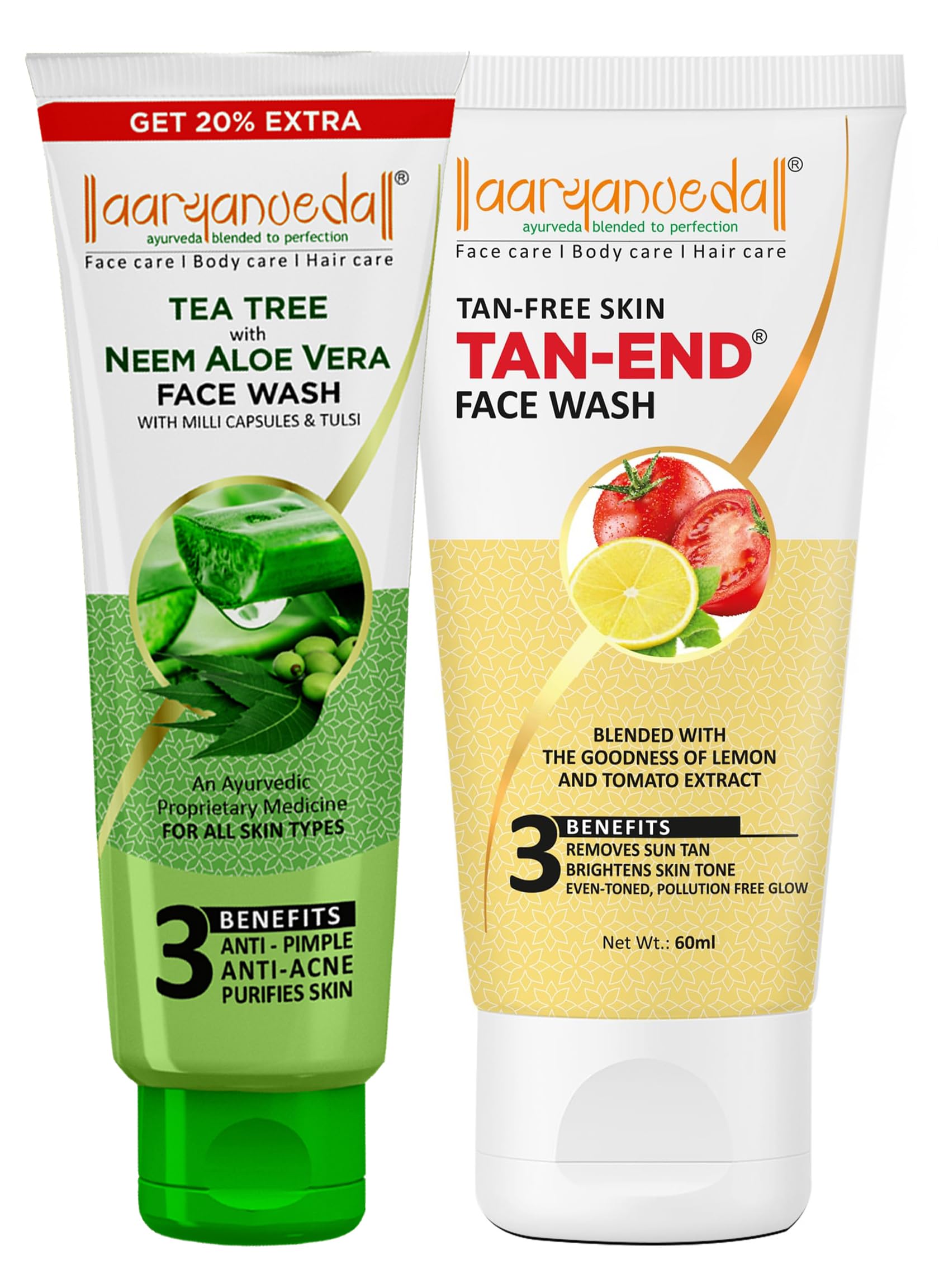 Aaryanveda Tea Tree Neem Aloe Vera Face Wash 120Ml + Tan-End Face Wash 60Ml | Anti-Acne, Tan Removal & Skin Purifying Combo | Na