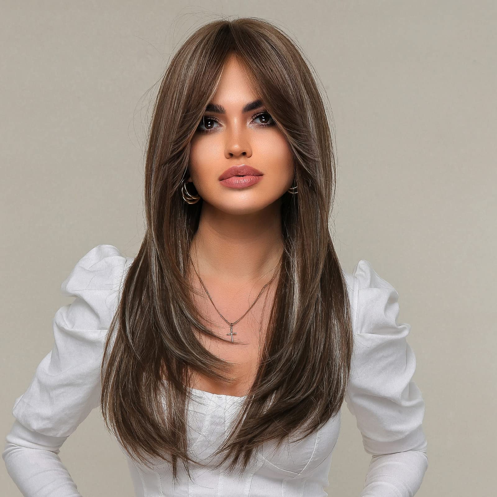 EMMOR Long Layered Brown Wig with Grey Highlights, Heat Resistant Synthetic Fiber, Model lc259-25