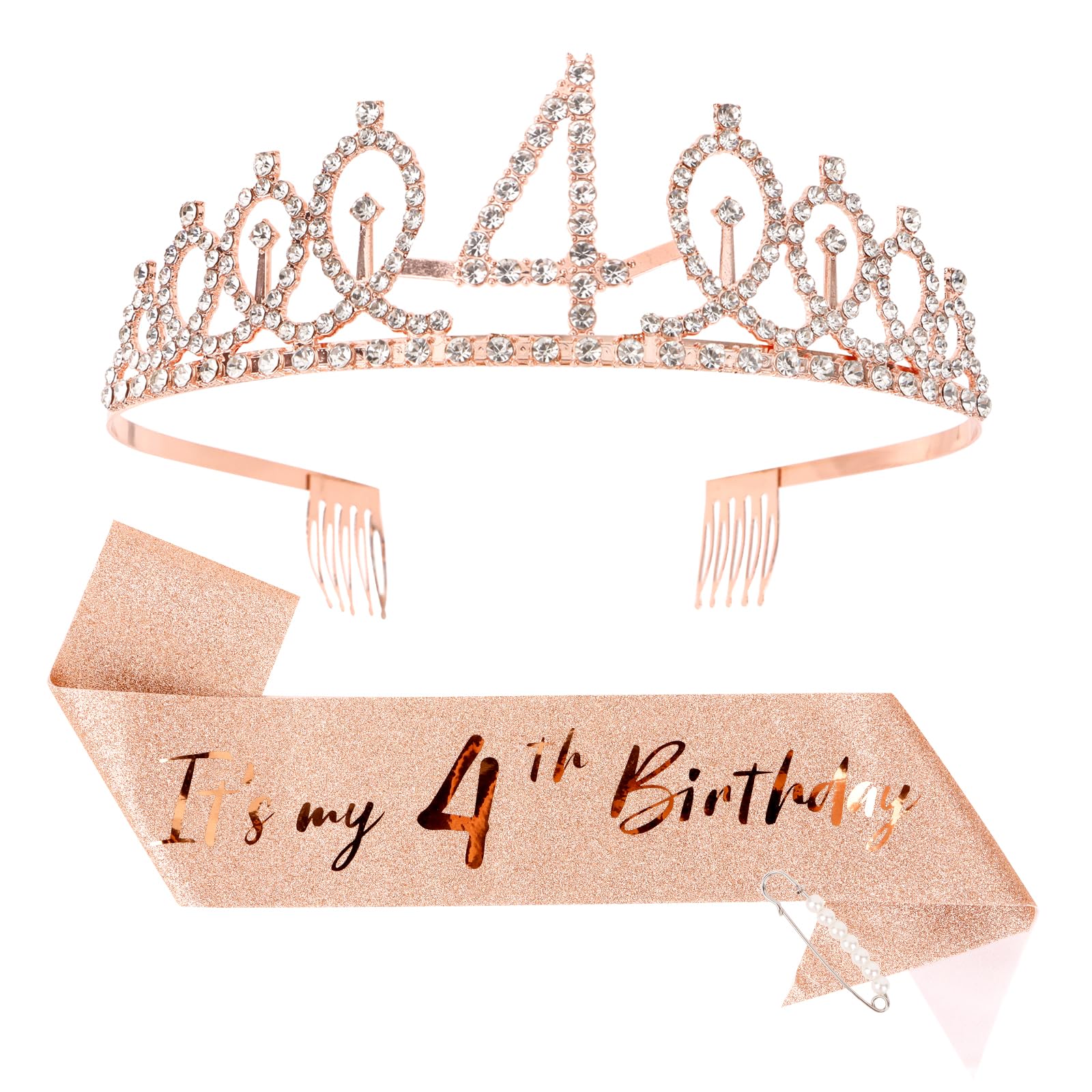 CIEHER 4th Birthday Crown + 4th Birthday Sash + Pearl Pin Set, It's My 4th Birthday Sash, 4 Birthday Tiara, 4th Birthday Decorat