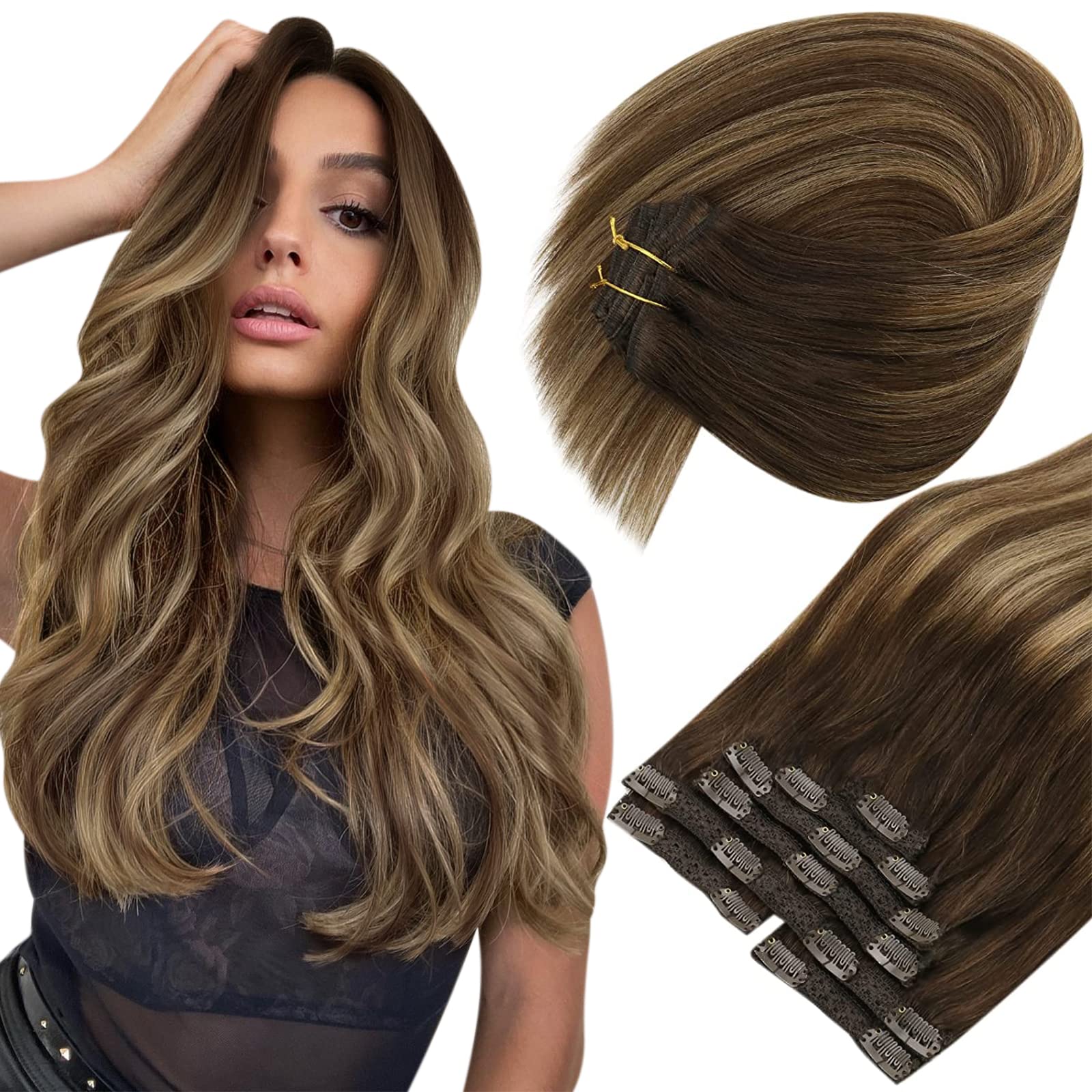 Sunny Balayage clip In Hair Extensions Dark Brown Ombre Blonde with Brown Highlights Human Hair clip In Extensions Balayage Brow