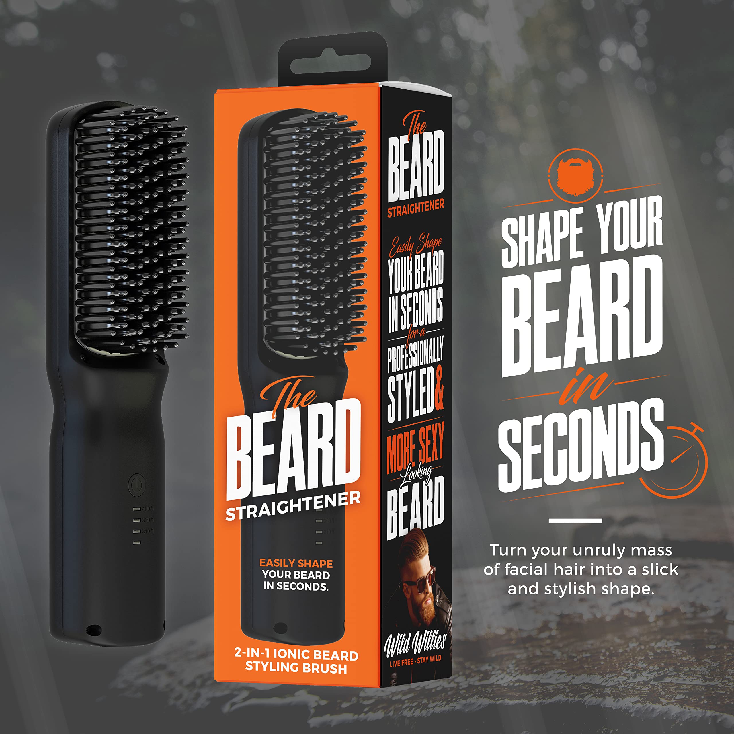 Wild Willies Beard Straightener For Men - 2-In-1 Heated Beard Brush With 3 Temperature Settings - Ionic Heated Comb For Silky, S