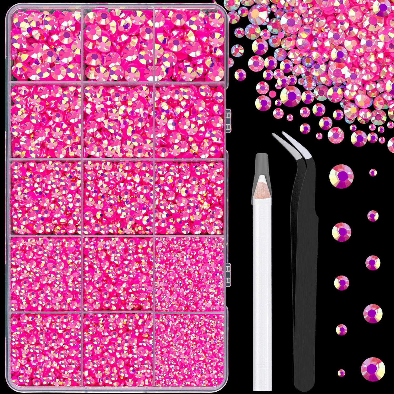 16000Pcs Resin Jelly Rhinestones with Tweezers for Crafting, Hot Pink AB 2-6mm Mixed Sizes Flatback Gems, Bedazzling Crystal for