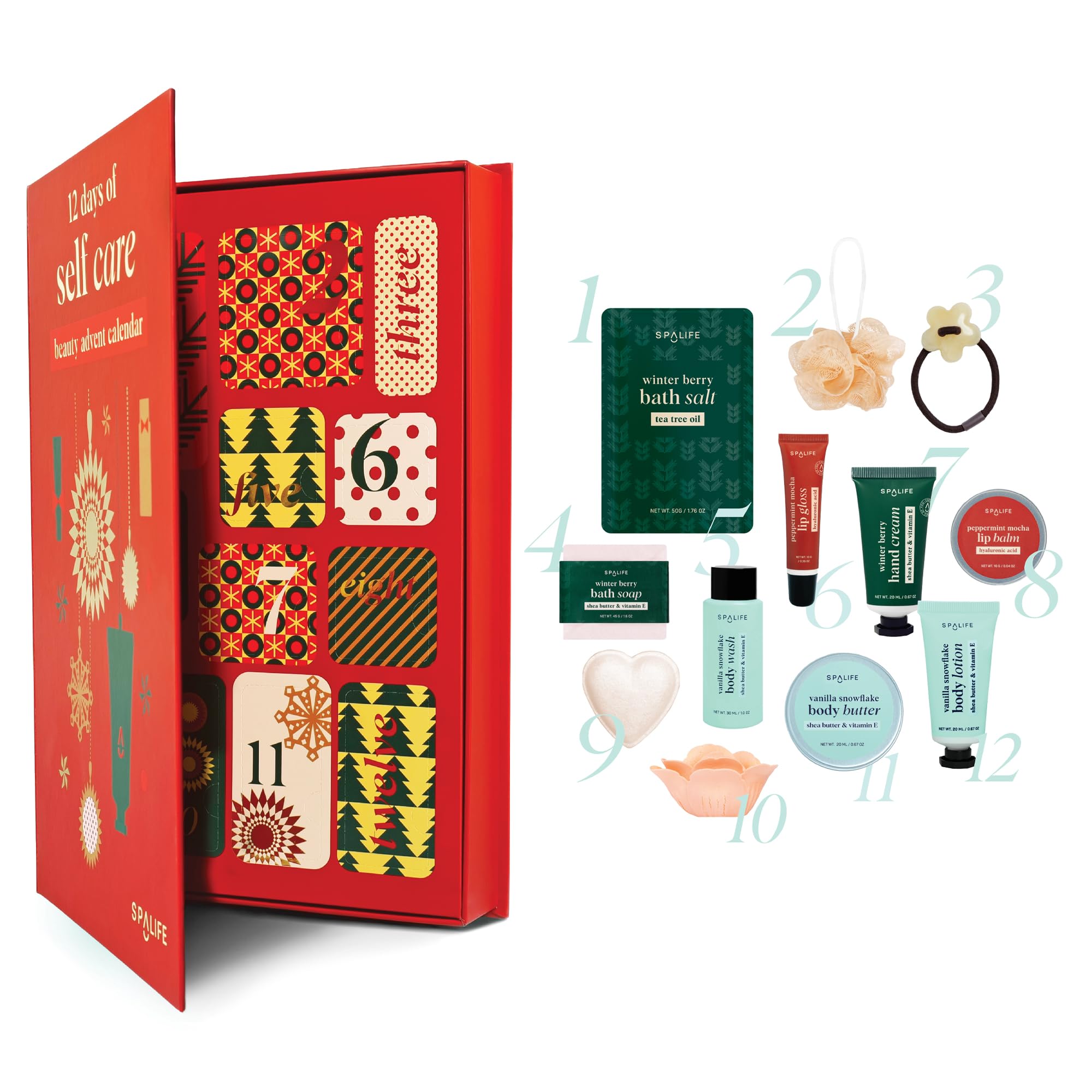 SpaLife Holiday 12-Day Beauty Advent Calendar - Travel-Friendly Skincare - Gift Set - 12 Days of Self-Care Spa Set - Body Care S