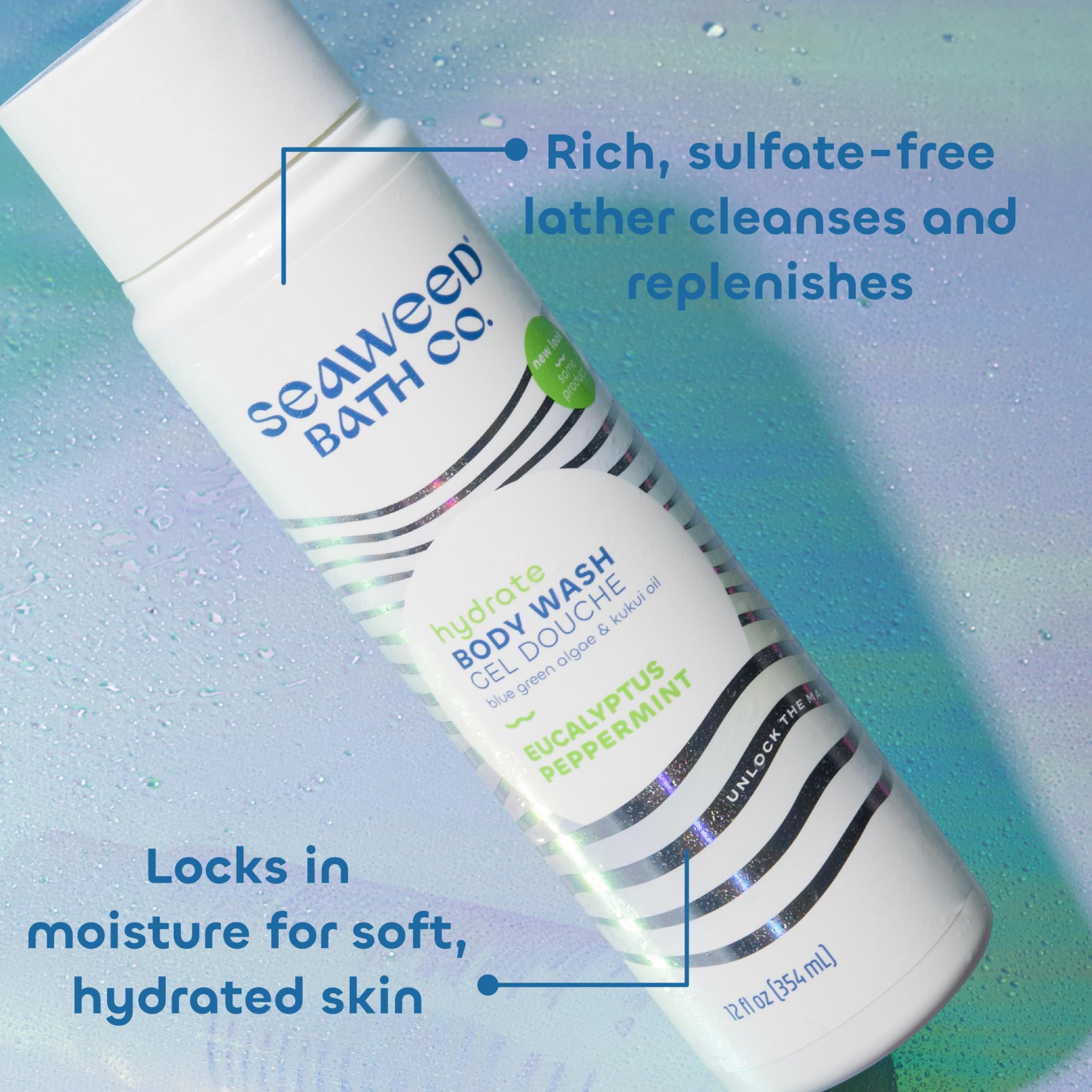 Seaweed Bath Co. Hydrate Body Wash, Eucalyptus Peppermint Scent, 12 Ounce (Pack Of 2), Shower Gel For Men & Women, Vegan, Parabe
