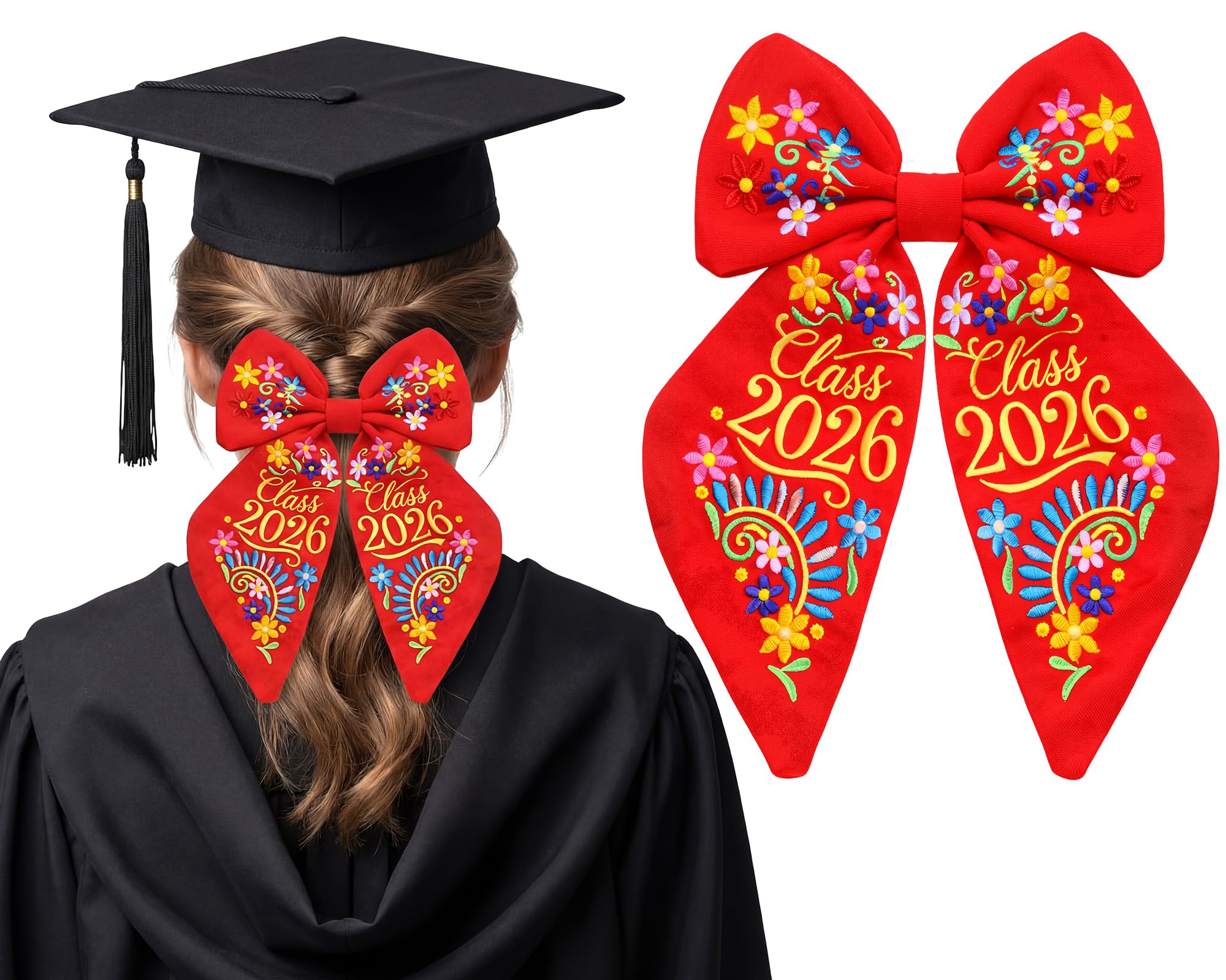 Crowye Class of 2026 Mexican Embroidery Graduation Bow Clip 8.8 Inch Floral Grad Cap Decoration Hair Barrette, Spring Clip for G