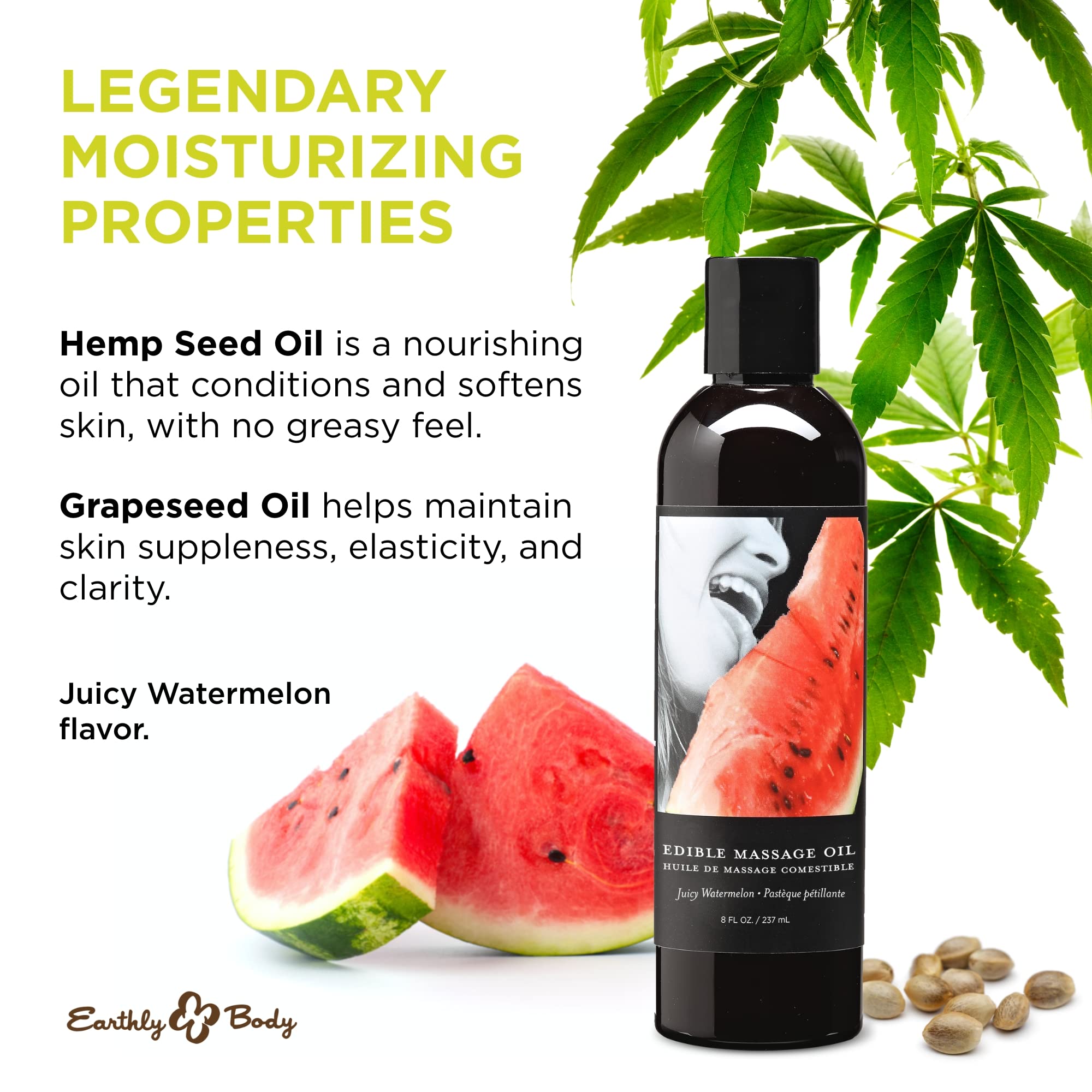 Earthly Body Edible Massage Oil, Watermelon - 8 Fl. Oz. - Hemp Seed, Almond, Grapeseed, Apricot & Vitamin E Oil - Vegan & Cruelt