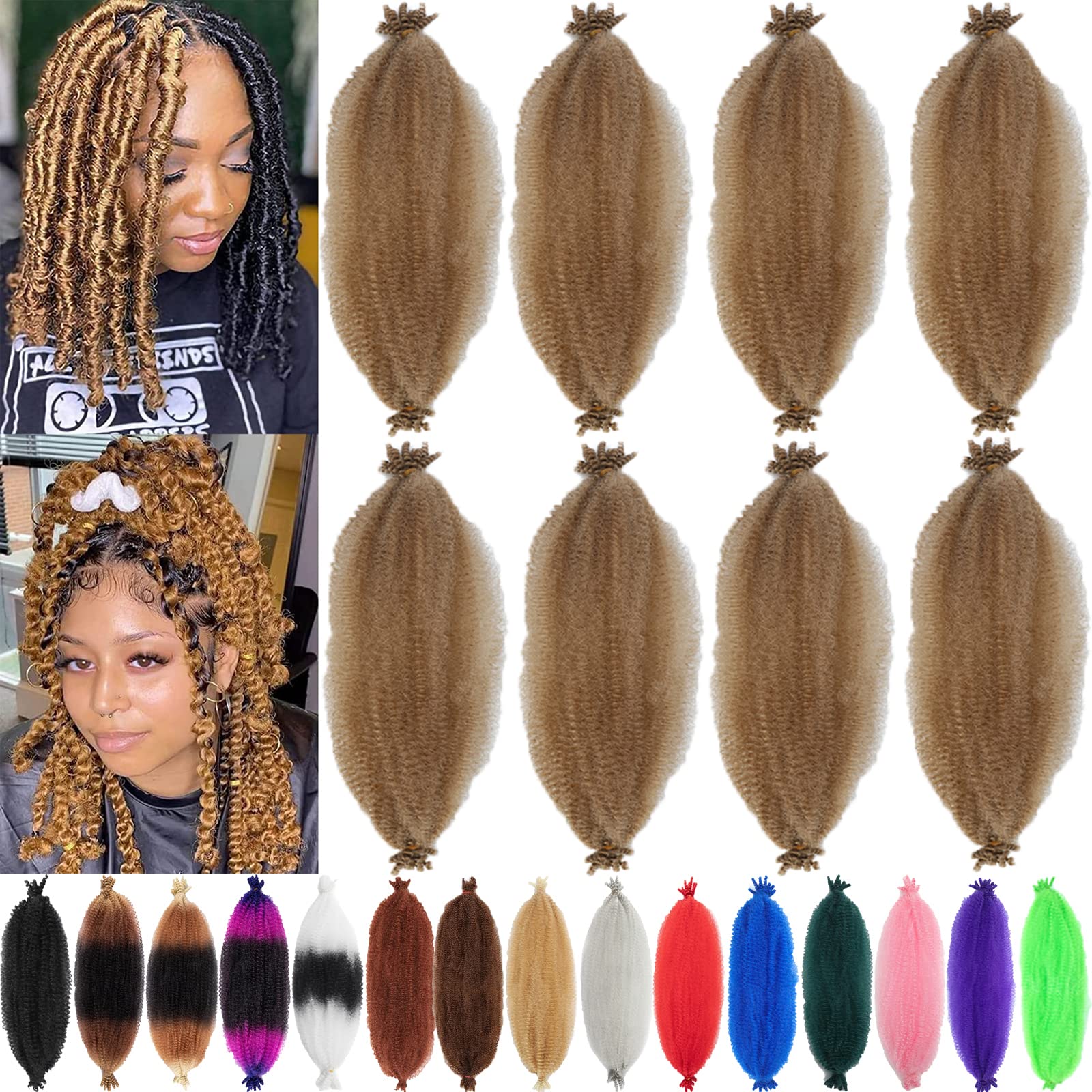 8 Packs Springy Afro Twist Hair 16 inch 27# Pre-Separated Kinky Marley Twist Braiding Hair Soft Synthetic Crochet for Distressed